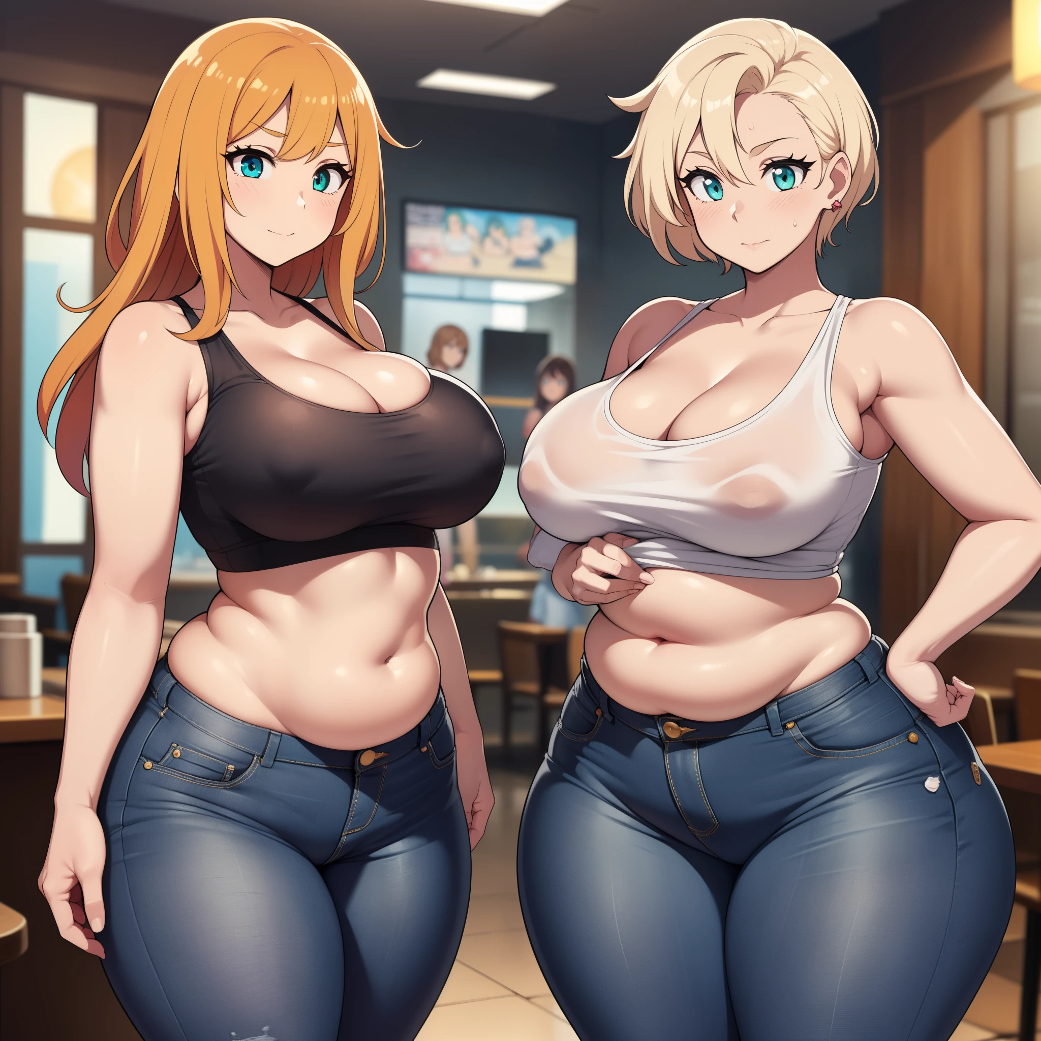 ((high res)), (Masterpiece), perfect anatomy, perfect shading, field of depth, (best quality), extremely delicate and beautiful, perfect lighting, detailed face, ultra cute face, cute, (cowboy shot 1.2), full body, (((2girls))), ((2 girls 1 and 2))

Girl 1: has long hair, fluffy hair, blonde hair, blue eyes, (crop top 1.2), (jean shorts 1.2), extremely tight clothes, medium breasts, cleavage, perky breasts, ((wide hips)), (thick thighs), (chubby), pudgy belly, fat rolls, belly hang,

Girl 2: has short hair, fluffy hair, brown hair, green eyes, (white tank top 1.2), (jeans 1.2), extremely tight clothes, medium breasts, cleavage, perky breasts, (((wide hips))), ((thick thighs)), (plump), chubby belly, fat rolls, belly hang, she has a jiggly belly,

Fast food restaurant, intricate background, detailed background, girls are standing next to each other,