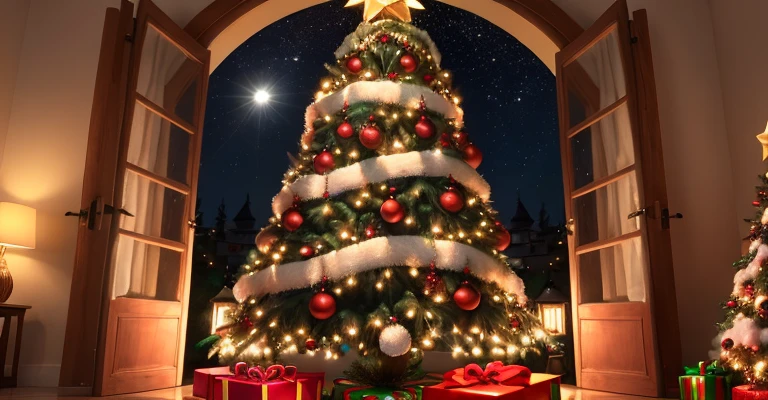 Christmas tree, lareira, janela, luzes...