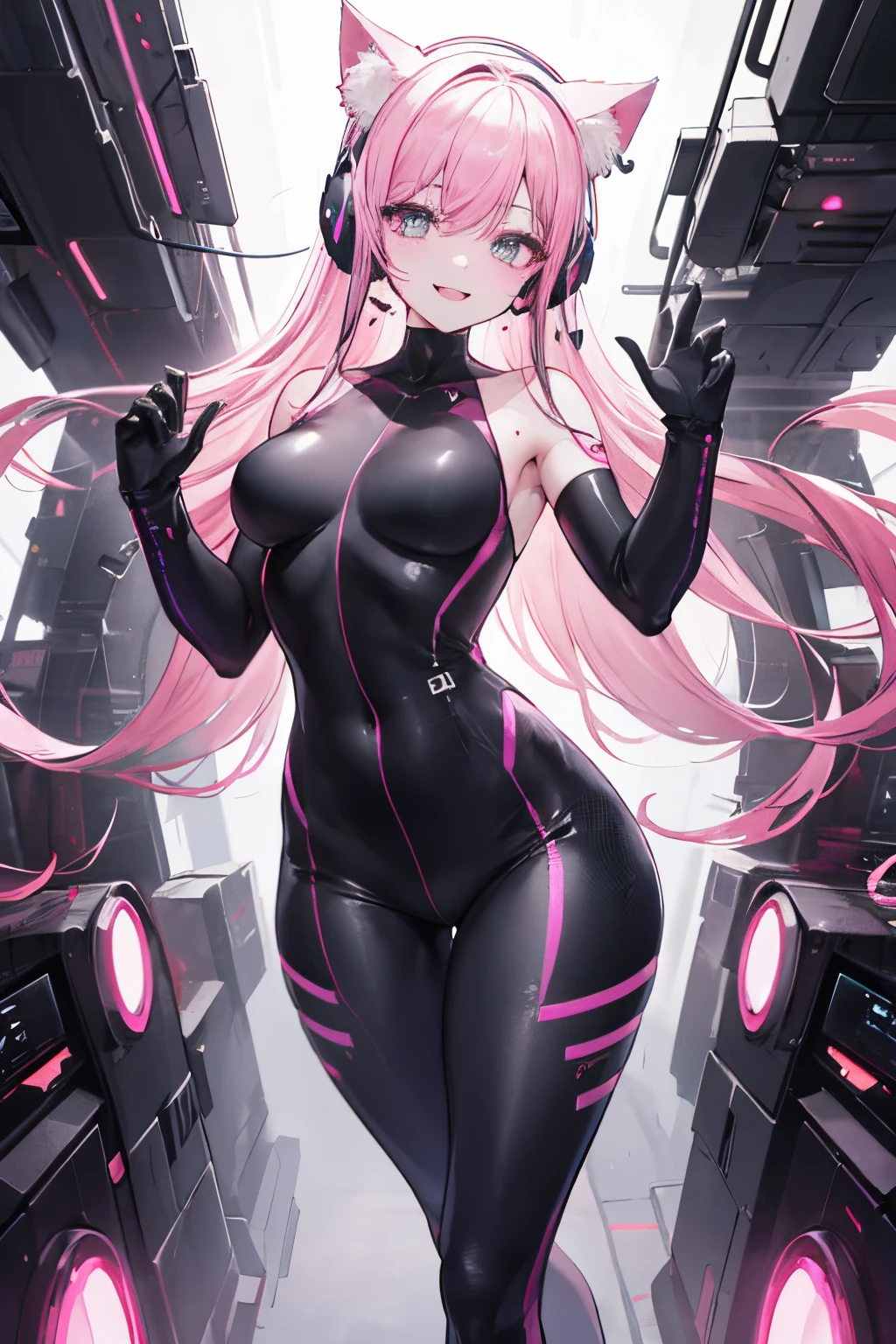 Beautuful Women、18age、perfect bodies、Tight clothes、rainbow hair, length hair , A pink-haired、, Mole under the eyes, Heart-shaped pupil, Cat Ear Headphones, Smiling、Pose like a model、Fantastic background、Futuristic clothing、cyberpunked