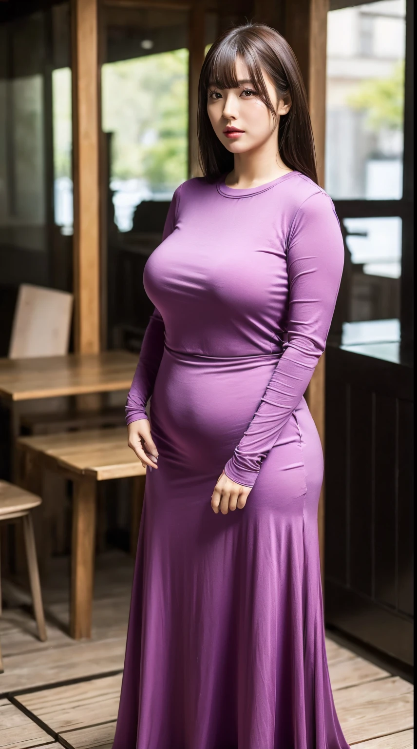 (Masterpiece,Best Quality:1.3),(depth of field:1.3) ,((front body:1.35)) ,Japanese woman,30 years old, Long Sleeve Round neck T-shirt Maxi Tight Dress, huge breasts , plump,(looking at viewer:1.3), (full body shot:1.2), crouch down,