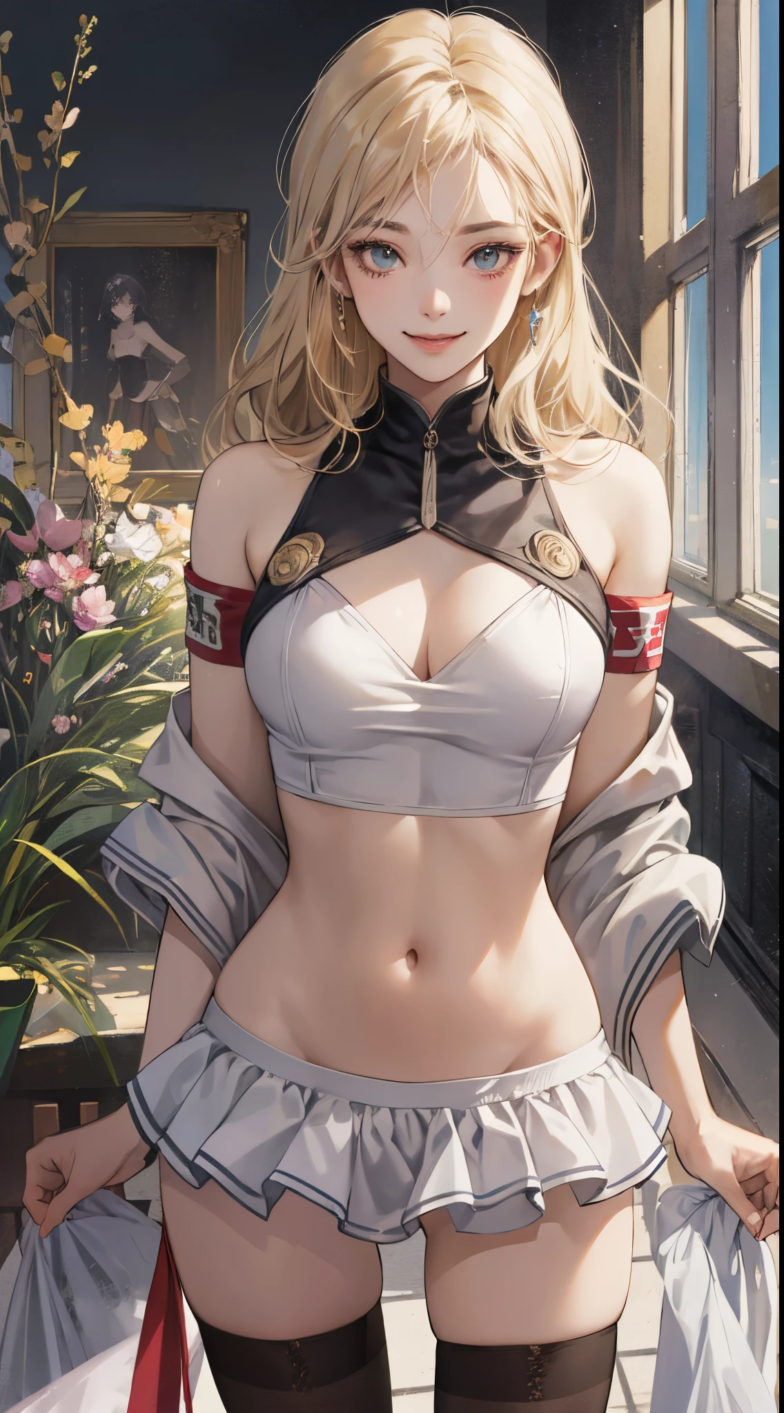 top-quality、realistic touch,high-detail、photoRealstic、High class、Long body、captive beauty、big eye、Strong platinum blonde eyelashes、platinum-blonde、full body Esbian、Sparkling eyes、Flushed cheeks、Kamimei、thin-waist、Voluptuous thighs、Enraptured look、Raked bangs、The forehead is protruding、sleeveless、a 、The skirt is very short、No cleavage exposed、Inside a classroom、 armband、Thighhighs、grinning face、Squint and smile、Braiding hair、slender and delicate body、Thin legs with no fat