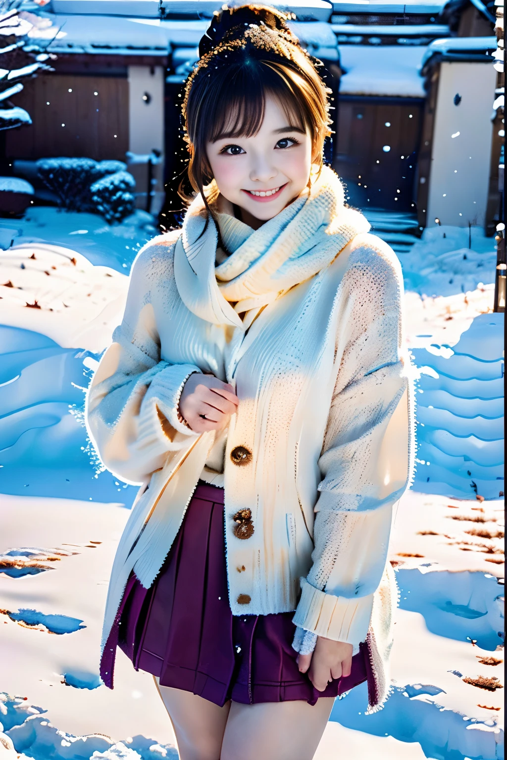 (Best Quality,4K,hight resolution,masutepiece:1.2),Ultra-detailed,Realistic,(nffsw,nffsw),girl,beige fluffy coat,beige wool gloves,Navy blue mini pleated skirt,Snow,Smiling,eyecontact,Portraits,Vivid colors,Winter scene,Soft lighting,Delicate snowflakes,Cheerful expression,playful pose,Fun atmosphere,Happy Vibes,Frosty breath,Blushing cheeks,rosy nose,Warm atmosphere,cozy winter fashion,soft winter light,mysterious winter night,Pure white snowscape,snowflakes dancing in the air,Sparkling snow,beautiful winter fashion,effortlessly chic style,fun snowball fight,icy cold weather,Crisp winter air,child-like innocence,curiosity in her eyes,Smiling eyes,fluffy snowflakes,A dreamy winter wonderland,winter magic,cute moments,Adorable costumes,pleasant winter day,joyous laughter,Dreamy smile.thighs thighs thighs thighs