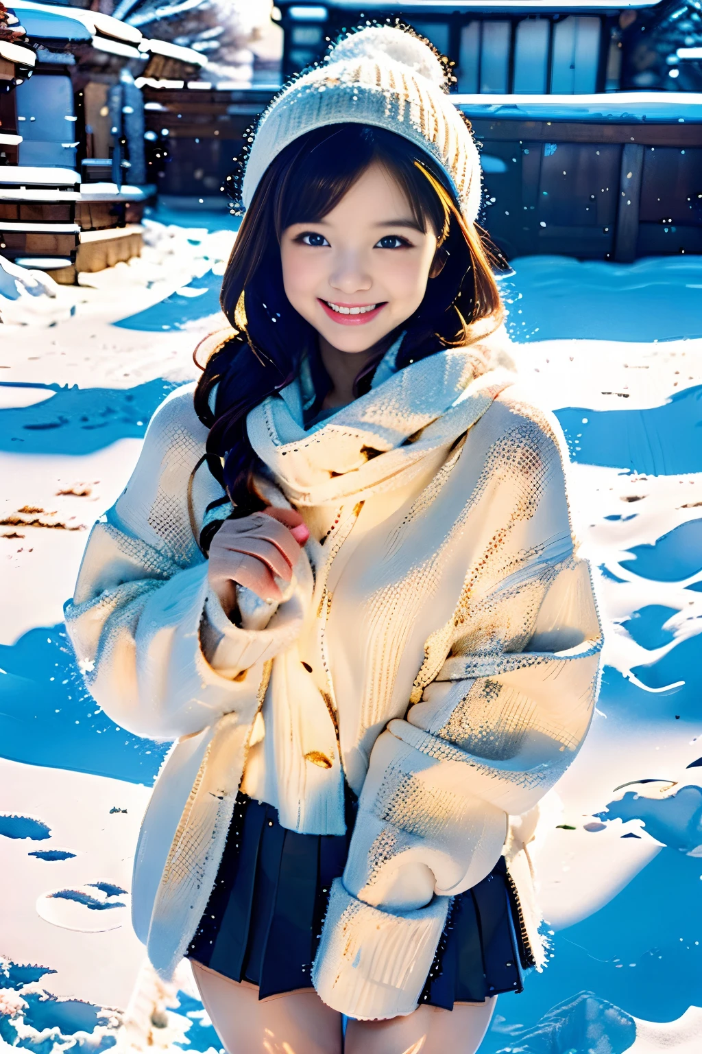 (Best Quality,4K,hight resolution,masutepiece:1.2),Ultra-detailed,Realistic,(nffsw,nffsw),girl,beige fluffy coat,beige wool gloves,Navy blue mini pleated skirt,Snow,Smiling,eyecontact,Portraits,Vivid colors,Winter scene,Soft lighting,Delicate snowflakes,Cheerful expression,playful pose,Fun atmosphere,Happy Vibes,Frosty breath,Blushing cheeks,rosy nose,Warm atmosphere,cozy winter fashion,soft winter light,mysterious winter night,Pure white snowscape,snowflakes dancing in the air,Sparkling snow,beautiful winter fashion,effortlessly chic style,fun snowball fight,icy cold weather,Crisp winter air,child-like innocence,curiosity in her eyes,Smiling eyes,fluffy snowflakes,A dreamy winter wonderland,winter magic,cute moments,Adorable costumes,pleasant winter day,joyous laughter,Dreamy smile.thighs thighs thighs thighs