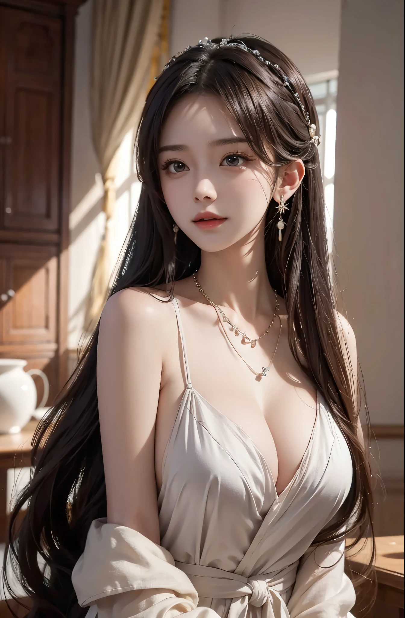 8K Ultra HD, masutepiece, Best Quality, beautiful Girl, Long hair, Beautiful necklaces, earring beautiful, beautiful hair decoration, girl, ssmile, A sexy, large boob, lighting like a movie