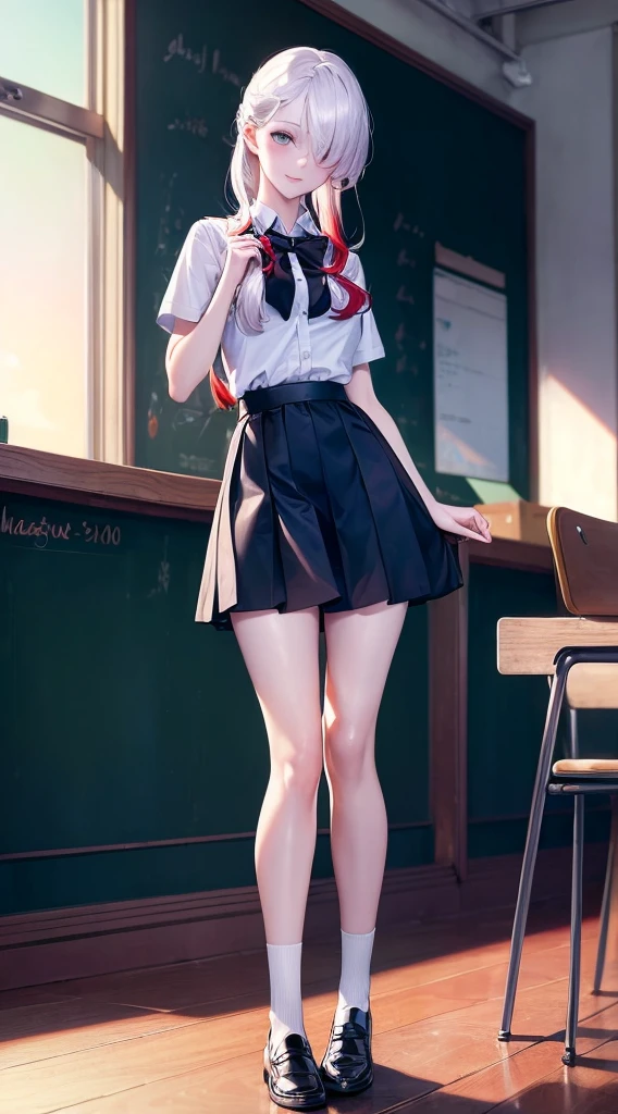 (masterpiece, best quality, high resolution:1.4), solo, 1girl, full body, looking at viewer, classroom, sunset, slim, pale skin, red hair on the left, white hair on the right, long hair, hair over one eye, light smile, blue eyes, medium breasts, school uniform, loafers, knees to chest