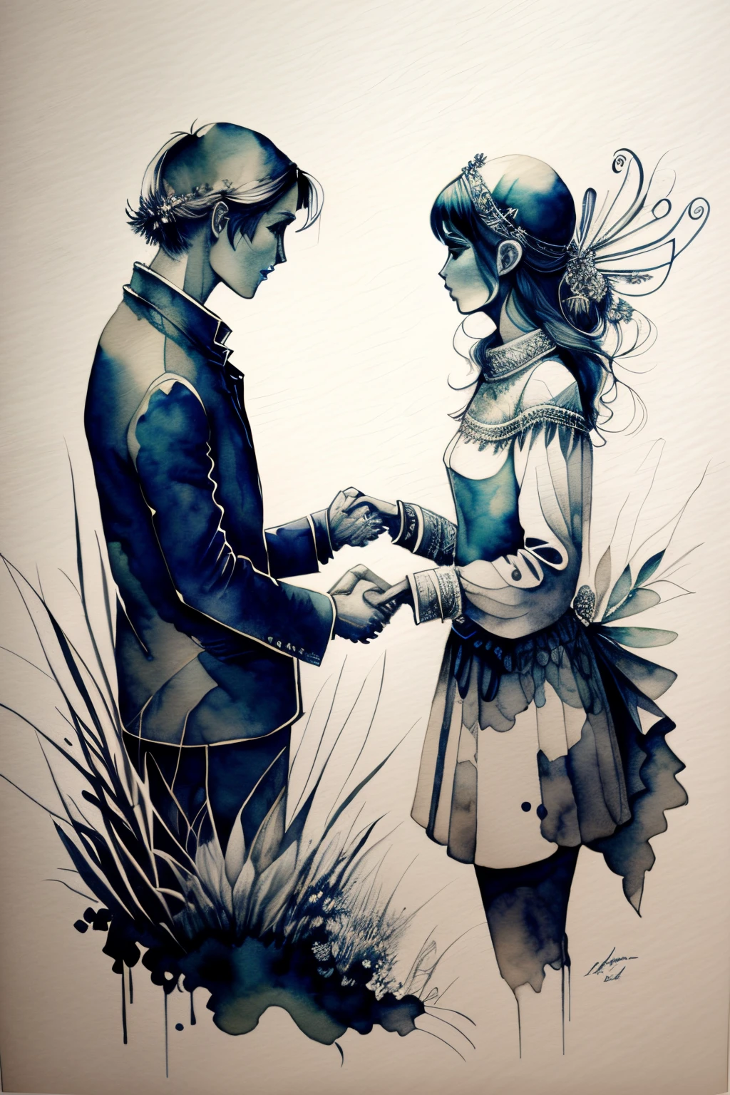 handshake, monochromes, Watercolor art, Beautiful and delicate, Design drawings, art by, The 8k quality, masutepiece, Fantastical