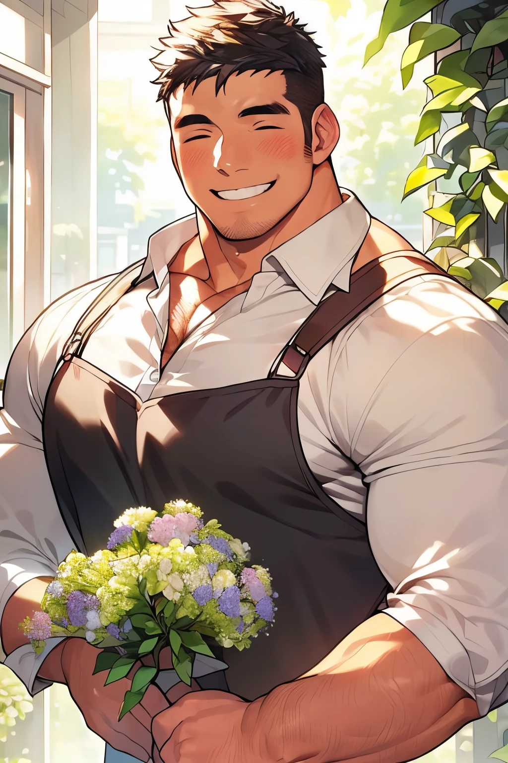 morning、no chest hair,(Solo Male:1.2)、niij male、(Wearing a apron:1.2)、(masutepiece:1.2),a plant、(surrounded by beautiful bouquets:1.5),thick eyebrow、(The chest muscles are exposed:1.4), [(muscular male:1.2)|Musclegut], ([Massive|:1.2)Stocky], short-haired、cropped hair、(Bigchest),popular on Instagram、(close up:1.1)、blushed face、a handsome、a beard,Smiling smile、closed eyes