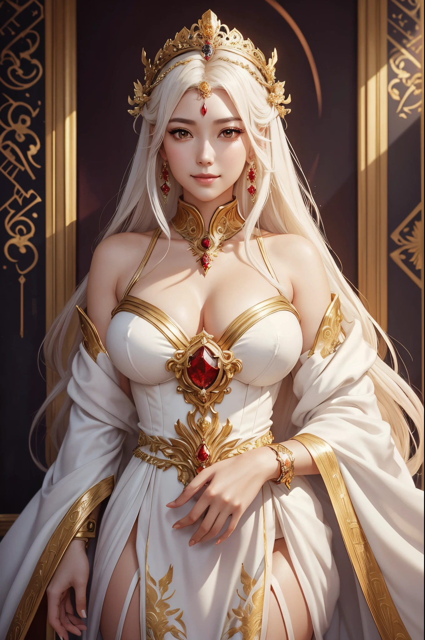 8K,Empress goddess wearing a white dress and holding golden feathers, Mature goddess with very big breasts,Super beauty(Like the real thing)super realistic skin,sexy goddess costume,beautiful long white hair,Delicate and precise golden decoration,fanart best artstation, ig model | ArtGerm, a beautiful fantasy empress, ArtGerm. very detailed Artgerm, 2. 5 d cgi anime fantasy artwork, wlop and ross tran, ((a beautiful fantasy empress)), Trending on CGSTATION, ross tran and wlop,big earrings with red gemstones,Very gentle smile,very large chest with tension,,Motherly mature goddess,Look at viewers,Golden Eyes,Goddess of Beauty,