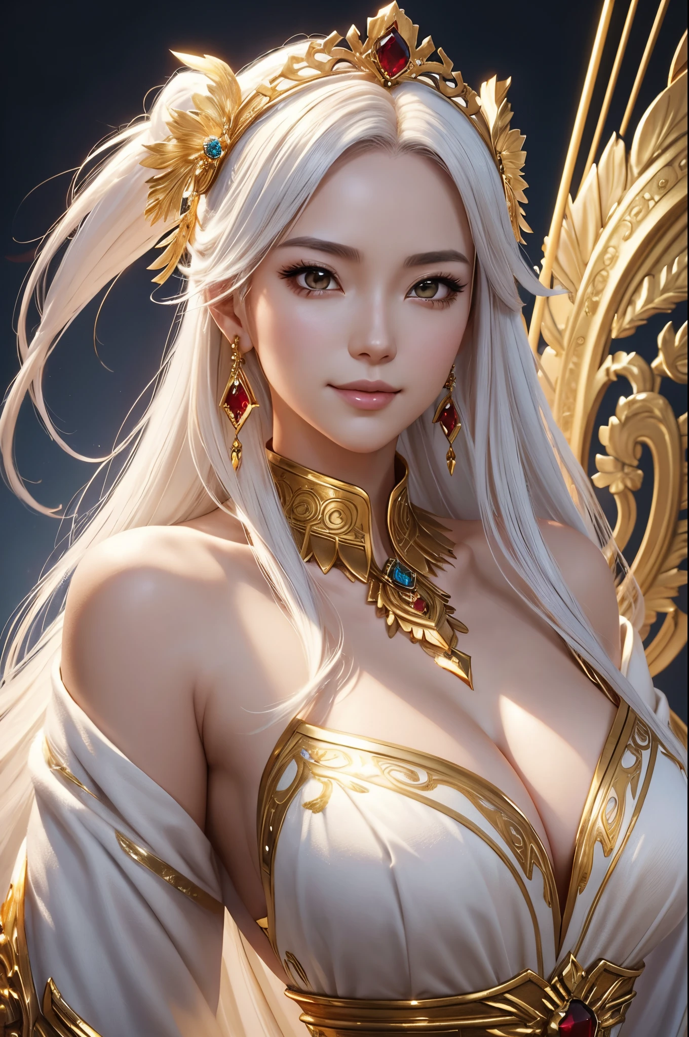 8K,Empress goddess wearing a white dress and holding golden feathers, Mature goddess with very big breasts,Super beauty(Like the real thing)super realistic skin,sexy goddess costume,beautiful long white hair,Delicate and precise golden decoration,fanart best artstation, ig model | ArtGerm, a beautiful fantasy empress, ArtGerm. very detailed Artgerm, 2. 5 d cgi anime fantasy artwork, wlop and ross tran, ((a beautiful fantasy empress)), Trending on CGSTATION, ross tran and wlop,big earrings with red gemstones,Very gentle smile,very large chest with tension,,Motherly mature goddess,Look at viewers,Golden Eyes,Goddess of Beauty,