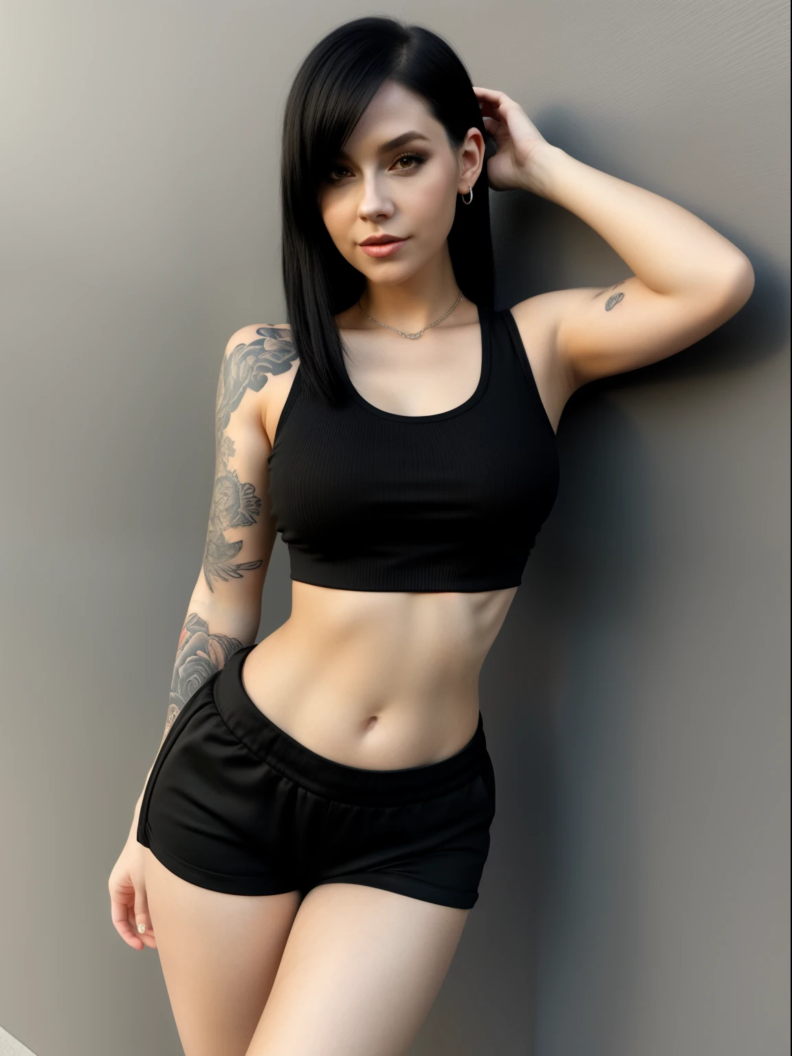 a woman in a black top and black pants posing for a picture, wearing a cropped black tank top, bra and shorts streetwear, wearing a sexy cropped top, imvu, wearing a black cropped tank top, glamorous tifa lockheart, thicc, black outfit, female outfit, tight black tanktop, tinyest midriff ever, pale skin, tattoo on body, petite body