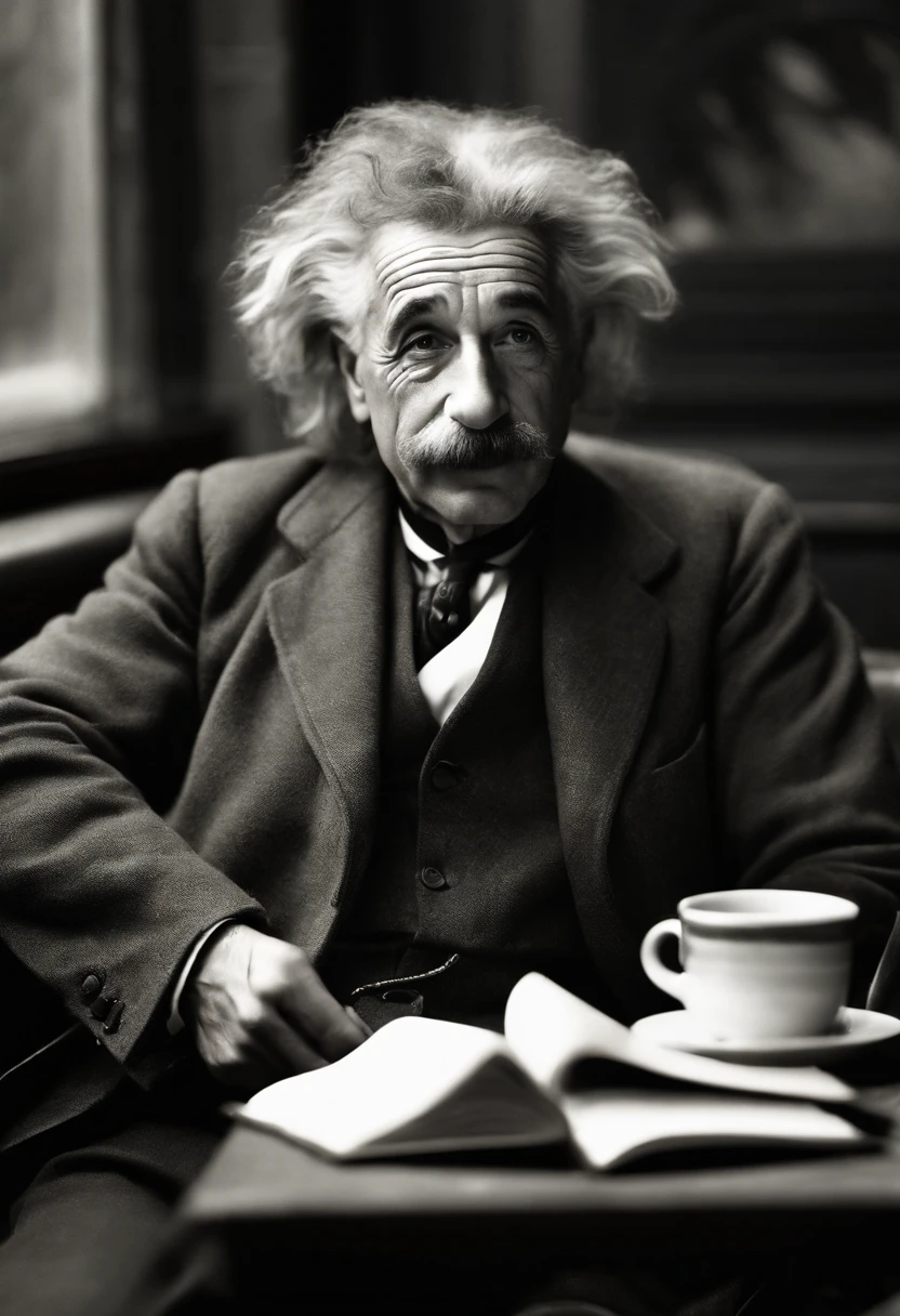 A photo of Einstein sitting in a coffee shop, sipping on a cup of hot tea while engrossed in a book on astronomy.,original,Einstein’s appearance was iconic, with his wild, unkempt hair, bushy mustache, and piercing eyes often giving him a thoughtful and slightly disheveled look. He typically dressed in a simple, non-flashy manner, favoring comfort over style. , male