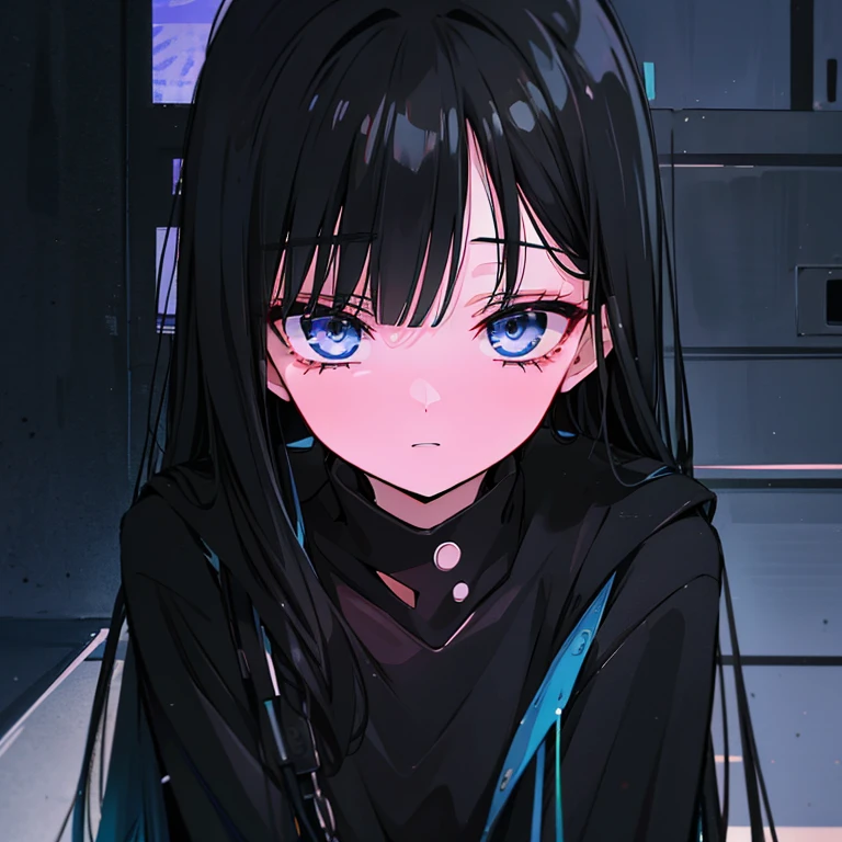 1 girl in，utmost+Beautiful fece+准确_Face，utmost+Beautiful fece+准确_eye，Upper body，Close a department，Cyberbank's Backstone，Drawing，solid color，Woman in black shirt and black dress，Minimalist style，Wear stylish casual clothes，long boots，Milk and black style，Black eyes，Modern and elegant dresses，Trendy casual wear，Inspoo , Anime，Black clothes, a black skirt, neutral tones, black and white color scheme, Leisure Wear, Scary face,, 22 years old, Adult face, The long-haired, ((Black hair, blue hue.))