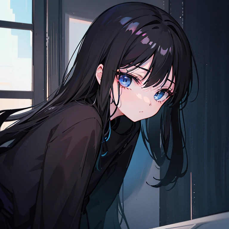 1 girl in，utmost+Beautiful fece+准确_Face，utmost+Beautiful fece+准确_eye，Upper body，Close a department，Cyberbank's Backstone，Drawing，solid color，Woman in black shirt and black dress，Minimalist style，Wear stylish casual clothes，long boots，Milk and black style，Black eyes，Modern and elegant dresses，Trendy casual wear，Inspoo , Anime，Black clothes, a black skirt, neutral tones, black and white color scheme, Leisure Wear, Scary face,, 22 years old, Adult face, The long-haired, ((Black hair, blue hue.))
