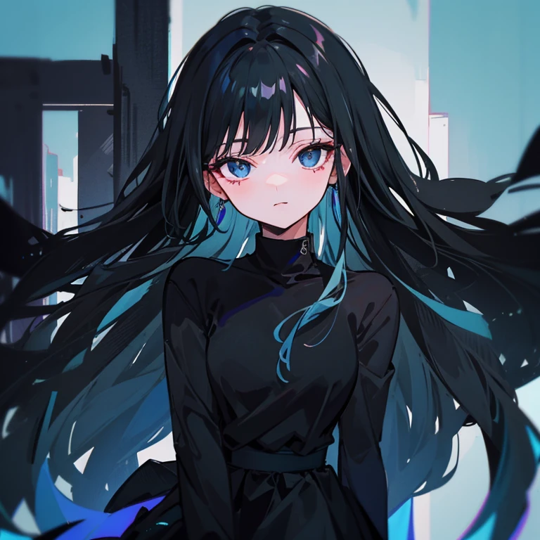 1 girl in,utmost+Beautiful fece+准确_Face,utmost+Beautiful fece+准确_eye,Upper body,Close a department,Cyberbank's Backstone,Drawing,solid color,Woman in black shirt and black dress,Minimalist style,Wear stylish casual clothes,long boots,Milk and black style,Black eyes,Modern and elegant dresses,Trendy casual wear,Inspoo , Anime,Black clothes, a black skirt, neutral tones, black and white color scheme, Leisure Wear, Scary face,, 22 years old, Adult face, The long-haired, ((Black hair, blue hue.))