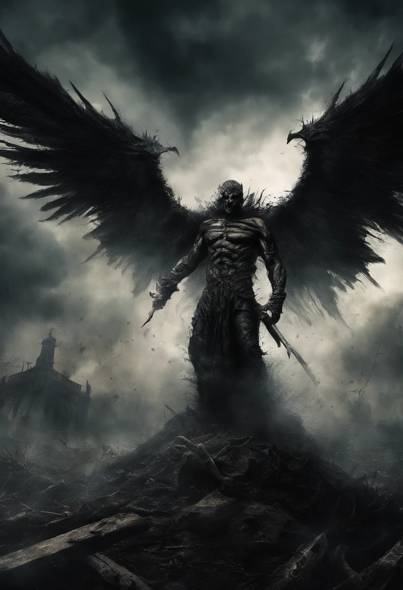 angelic and demonic battle, apocalyptic showdown, (masterpiece, high resolution, high quality, ultra realistic:1.2), heavenly and hellish creatures, intense light and shadow, epic clash, surreal landscape, dramatic composition, vivid colors, divine radiance, eerie darkness, fiery explosions, intricate details, supernatural beings, godly powers, sinister atmosphere