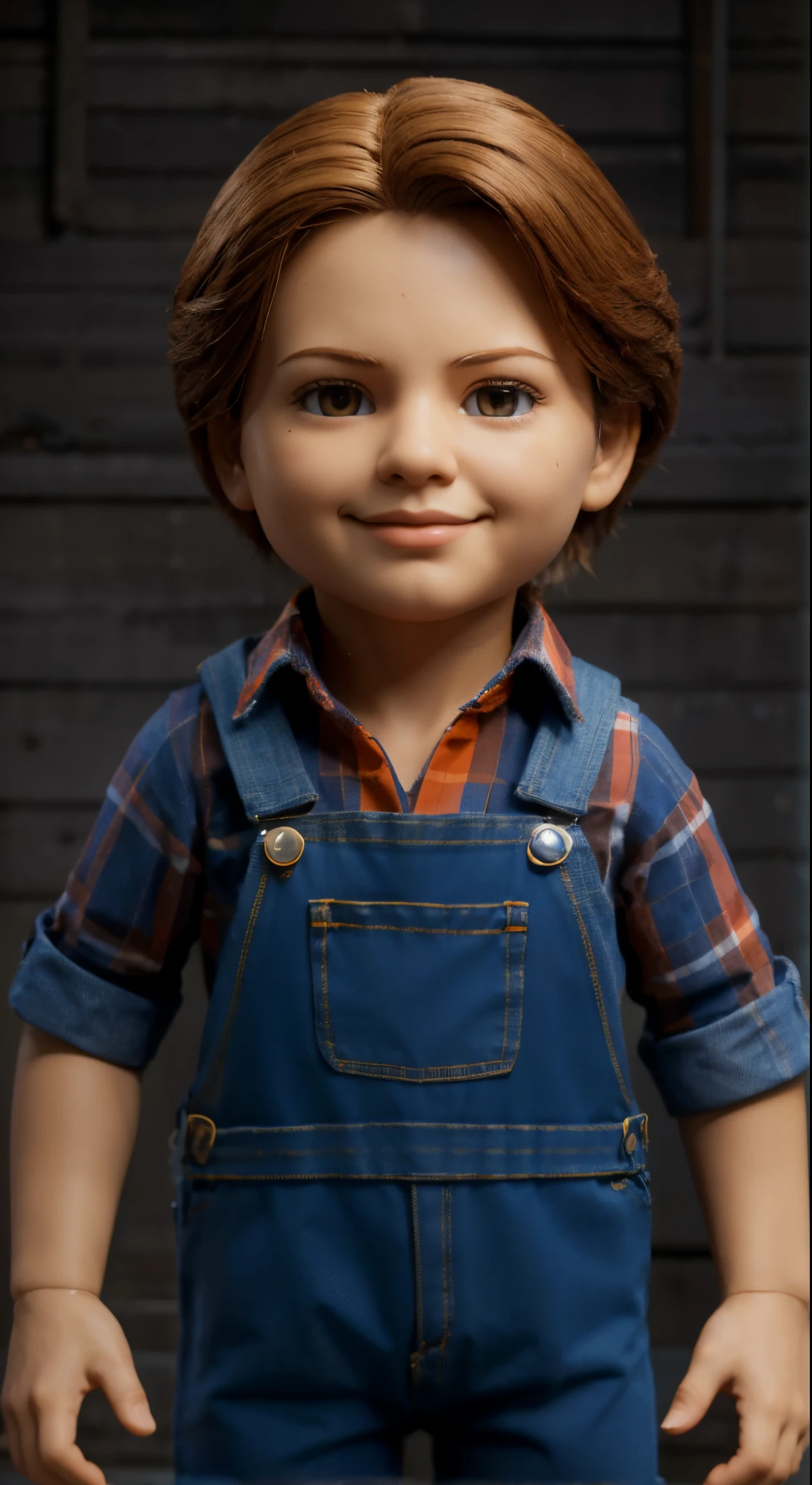 Boneca Goodguys, with medium brown straight hair, the iconic killer doll, com um sorriso sutil no rosto, um fundo claro com uma camisa de manga xadrez laranja, with denim overalls. Com sapatos laranja, criando uma atmosfera de terror, a 3D model with high-resolution textures and realistic lighting, --AR 16:9 --v 5 -