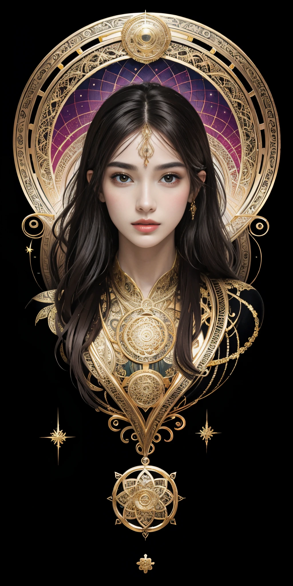 (masterpiece, top quality, best quality, official art, beautiful and aesthetic:1.2), (1girl), extreme detailed,colorful,highest detailed, official art, unity 8k wallpaper, ultra detailed, beautiful and aesthetic, beautiful, masterpiece, best quality, (zentangle, mandala, tangle, entangle) ,holy light,gold foil,gold leaf art,glitter drawing, PerfectNwsjMajic