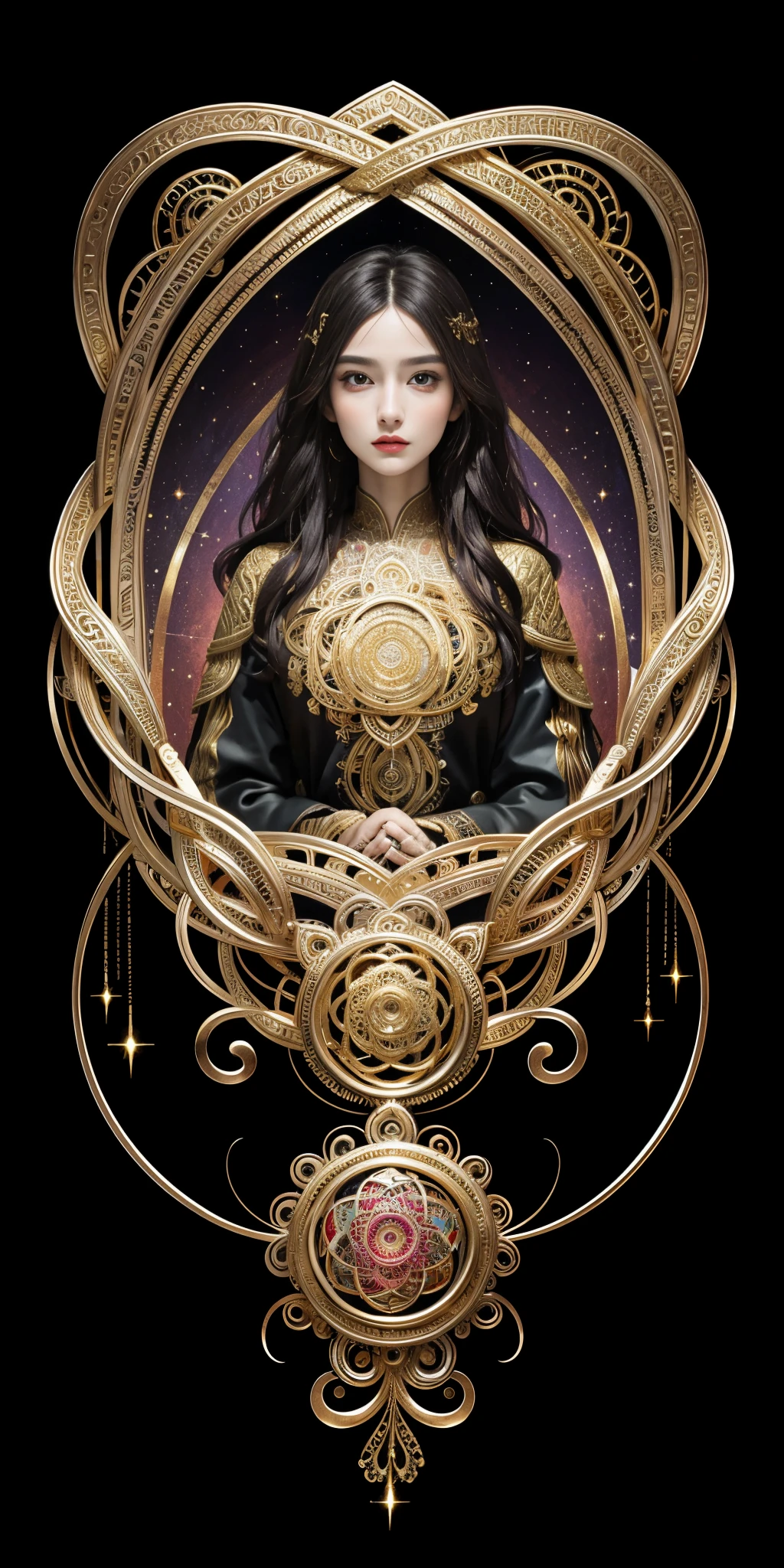 (masterpiece, top quality, best quality, official art, beautiful and aesthetic:1.2), (1girl), extreme detailed,colorful,highest detailed, official art, unity 8k wallpaper, ultra detailed, beautiful and aesthetic, beautiful, masterpiece, best quality, (zentangle, mandala, tangle, entangle) ,holy light,gold foil,gold leaf art,glitter drawing, PerfectNwsjMajic