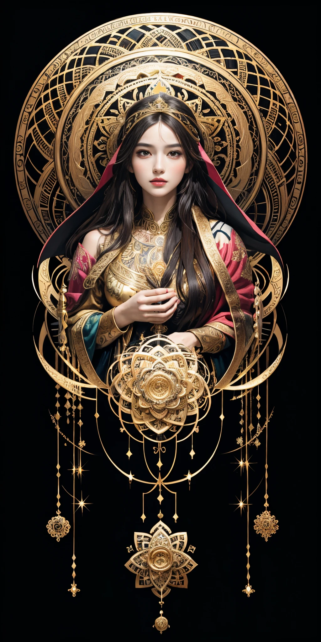 (masterpiece, top quality, best quality, official art, beautiful and aesthetic:1.2), (1girl), extreme detailed,colorful,highest detailed, official art, unity 8k wallpaper, ultra detailed, beautiful and aesthetic, beautiful, masterpiece, best quality, (zentangle, mandala, tangle, entangle) ,holy light,gold foil,gold leaf art,glitter drawing, PerfectNwsjMajic