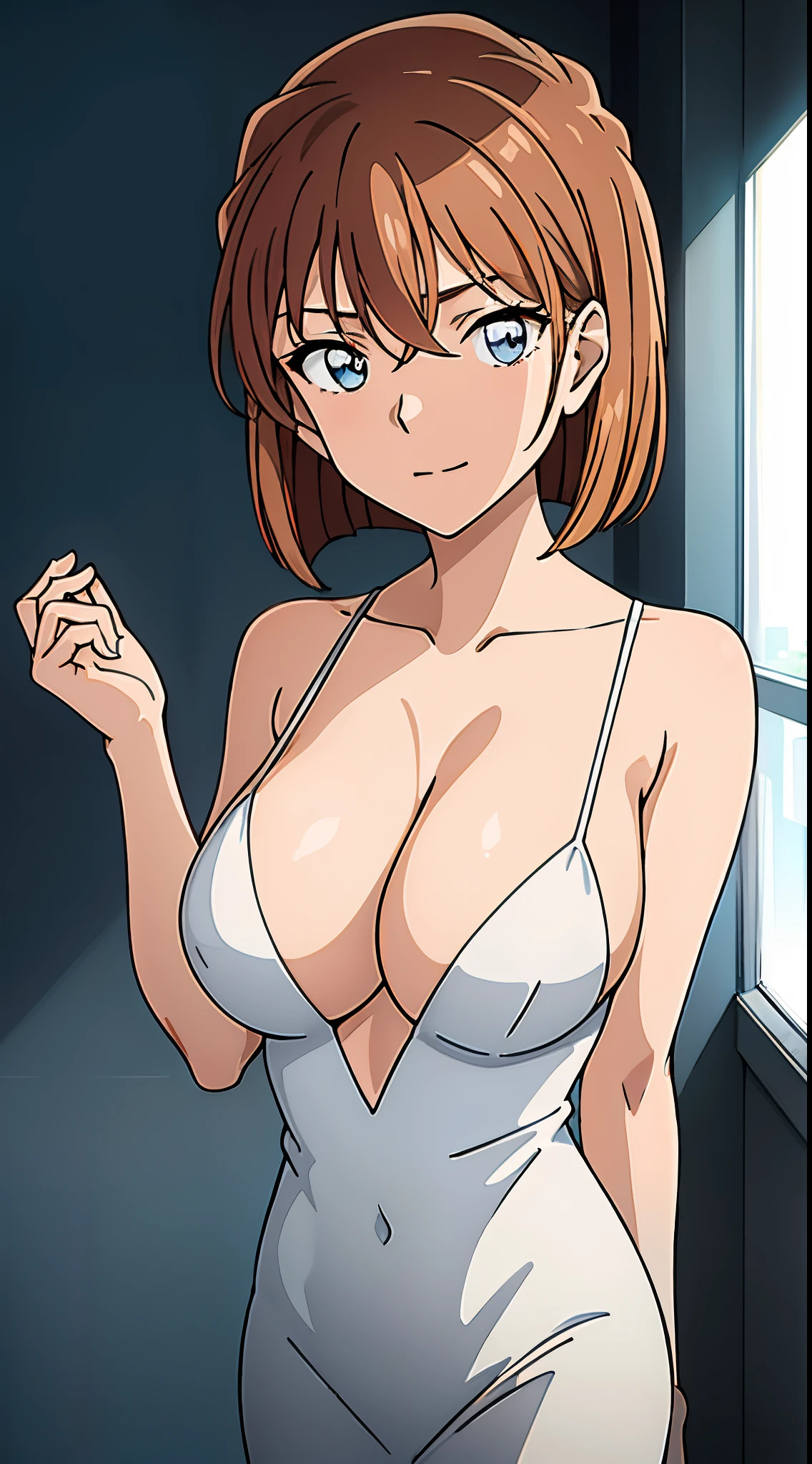 1个Giant Breast Girl, Brown hair,short detailed hair,eBlue eyes,full bodyesbian,Wearing a white shirt and black skirt，V-chest clothes, see-through cloth, Elegant and seductive posture, mesmerizing and seductive, stunning elegant pose, very attractive and beautiful, posing elegantly, Revealing stylish dresses, V-chest clothes, sheerness, Elegant and smooth body, Tempting, Clothing that exposes(tmasterpiece, Best quality at best, high qulity, A high resolution, ultra - detailed)