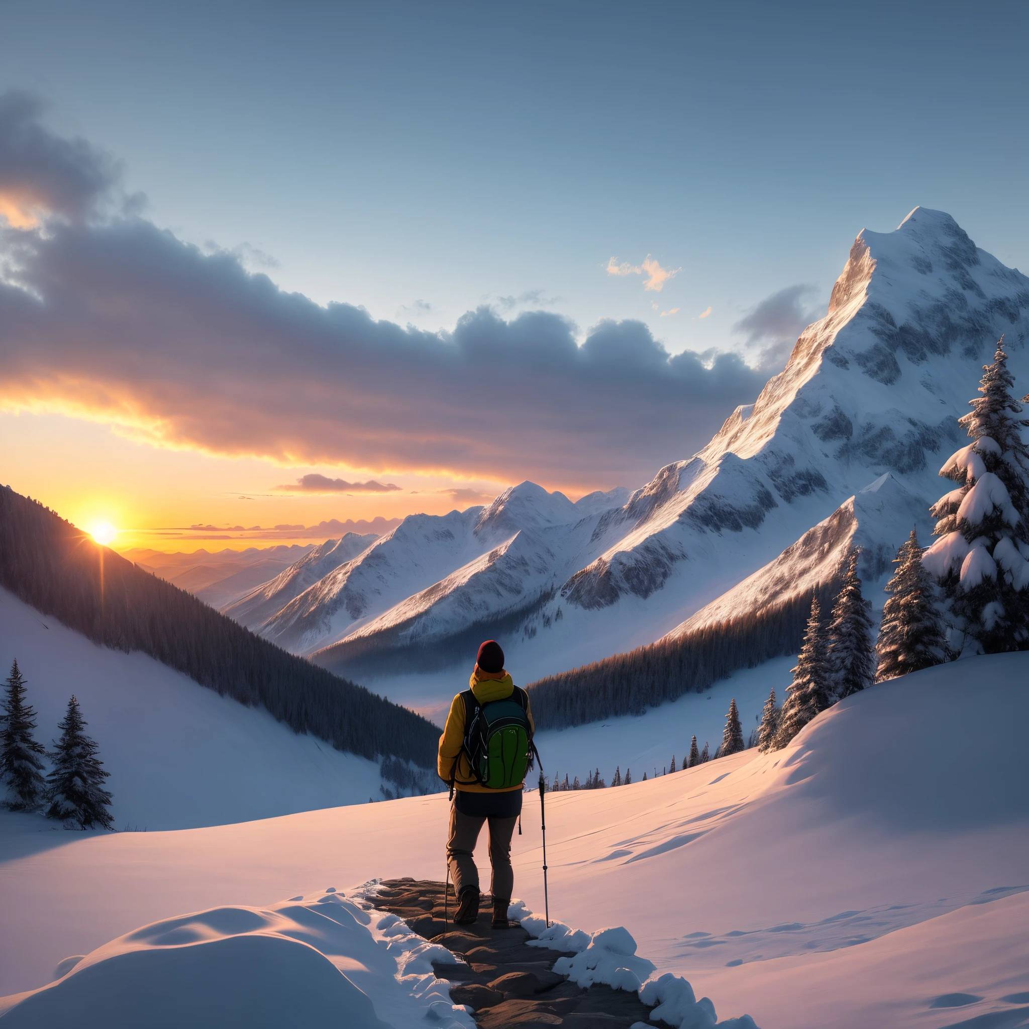 Sunrising over the snowy mountains, a man hiking looking up at the sky