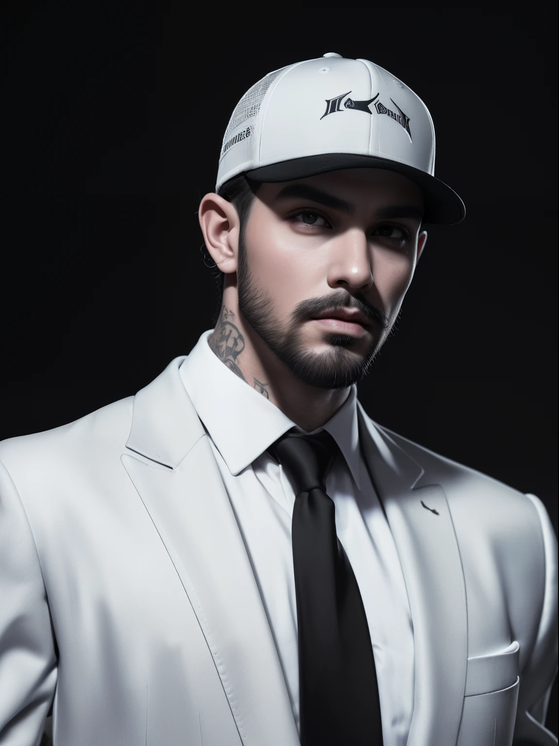 (best quality,ultra-detailed,realistic:1.37),portrait,black and white,low-key lighting,sharp focus,professional,concept artists,young looks men,piercing,,beard without mustache,tattoo,shadow,muscular physique,white skin,pale skin,tall,black suit,pink tie,words FAI tattoo on neck, ((wearing a black snapback cap))