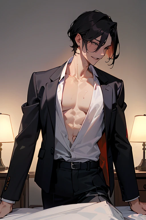 Beautiful anime，handsome guy，muscle，abdominal muscles，sports student，teacher，in the classroom，Teaching，(love)，open clothes，collar，wolf ears，露出muscle，Handsome，handsome guy，blushing，(Unfastened pants)，Take his pants off，Huge protrusions，and(Covered in sweat)，for the audience，Look at me，Pull down your pants with your hands，