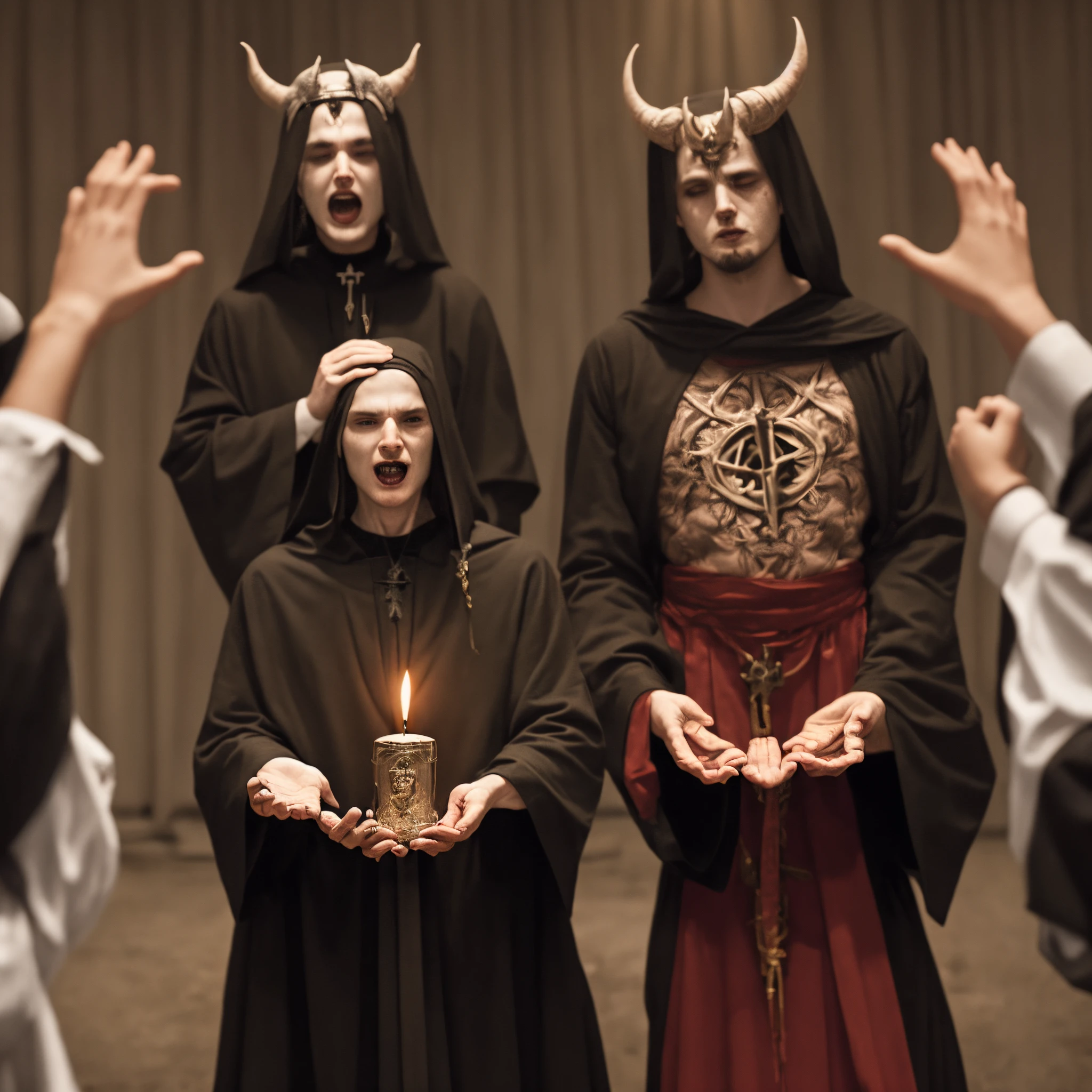A church that is a circus tent. God is dressed as a rich clown, the Devil is a beautiful horned seductive woman with curves. The Pope is dressed as a clown. The audience are puppets. Jugglers, Busty naked women breastfeeding adult men, prostitutes on their knees