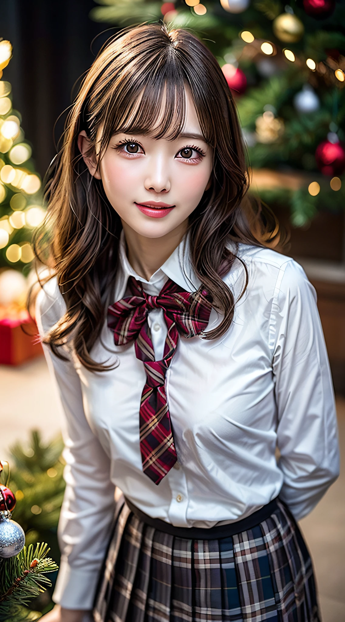 (1 cute girls), Extremely cute, Amazing face and eyes, (Beautiful lovely smile), (extremely detailed beautiful face), bright and shiny lips, (School uniform, Pleated skirt:1.3), (Best Quality:1.4), (hyper quality), (Ultra-detailed), (Hyper-realistic, Photorealsitic:1.37), Authentic skin texture, intricate-detail, extremely detailed CG unified 8k wallpaper, RAW Photos, professional photograpy, Cinematic lighting, Exposing, Christmas tree, Christmas Ornaments, Christmas Decorations, Christmas Lights, christmas lights,