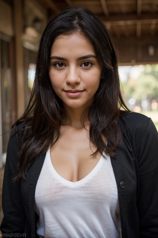 Foto RAW, DSLR, Color profesional graduado, BREAK photograph of 1girl, van1llal1nds, Light brown and shiny black hair, sonriente, con vestimenta elegante, foco nítido, HDR, 8K resolution, Detalles intrincados, Detalles sofisticados, Profundidad de campo, RAW analogue DSLR, fotorrealista, Mirando al espectador, seductor, mujer latina,