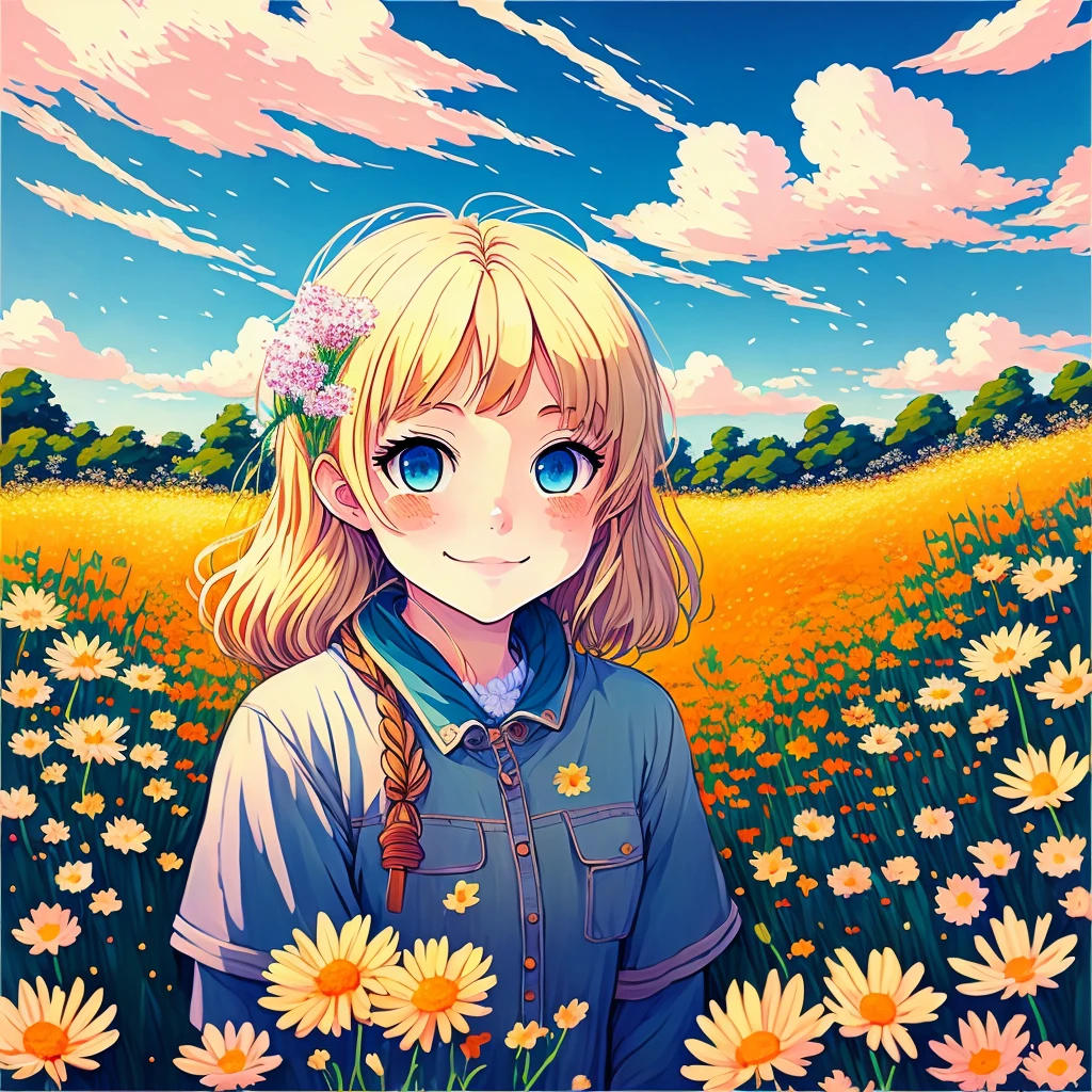 Blonde, blue eyed, ghibli style art, colorful sky, field of flowers, happy, smug