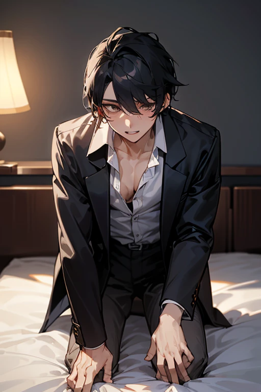 1 Boy, dark hair, ,white shirt, black slacks, black blazer, on sheets, (kneeling:1.0),(half-removed jacket:1.8),(bare one's shirt:1.0),(open clothes:1.5), cool, (sexy:1.8), Fascinating, evil smile,(parted lips), pale skin,(background: on bed in bedroom, sunset outside, dimly lit room, lamp light, soft lighting),(sunset:1.0), The dim,(Facing forward.:1.0),(Looking forward:1.0), Turn body to the front, (night:1.0), high quality, high resolution, masterpiece