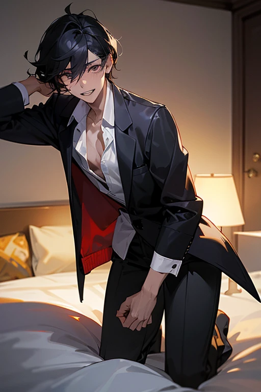 1 Boy, dark hair, short hair, golden eyes, white shirt, black slacks, on sheets, (kneeling:1.0),(???? one's shirt:1.0), (????????????:1.5）, cool, (????:1.5), Fascinating, evil smile,(parted lips), pale skin,(background: on bed in bedroom, Night outside, dimly lit room, lamp light, soft lighting),the night, The dim,(Facing forward.:1.0),(Looking forward:1.0), Turn body to the front, (night:1.0), high quality, high resolution, masterpiece