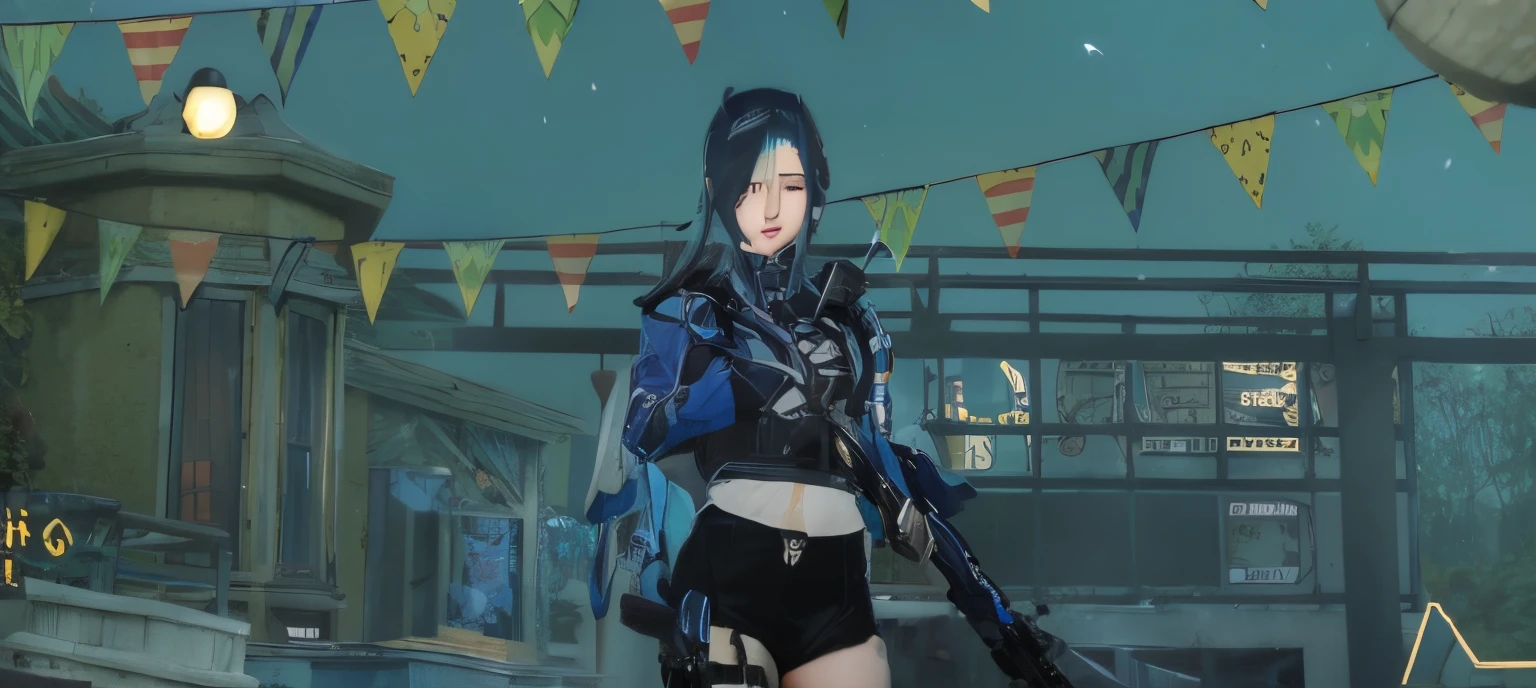 there is a woman in a short skirt and a jacket holding a gun, inspired by Leng Mei, m4 sopmod ii girls frontline, ingame image, freezing blue skin, blue uniform, in game, katana zero video game character, full body xianxia, in - game, in-game, mechanized soldier girl, sigma female, female character