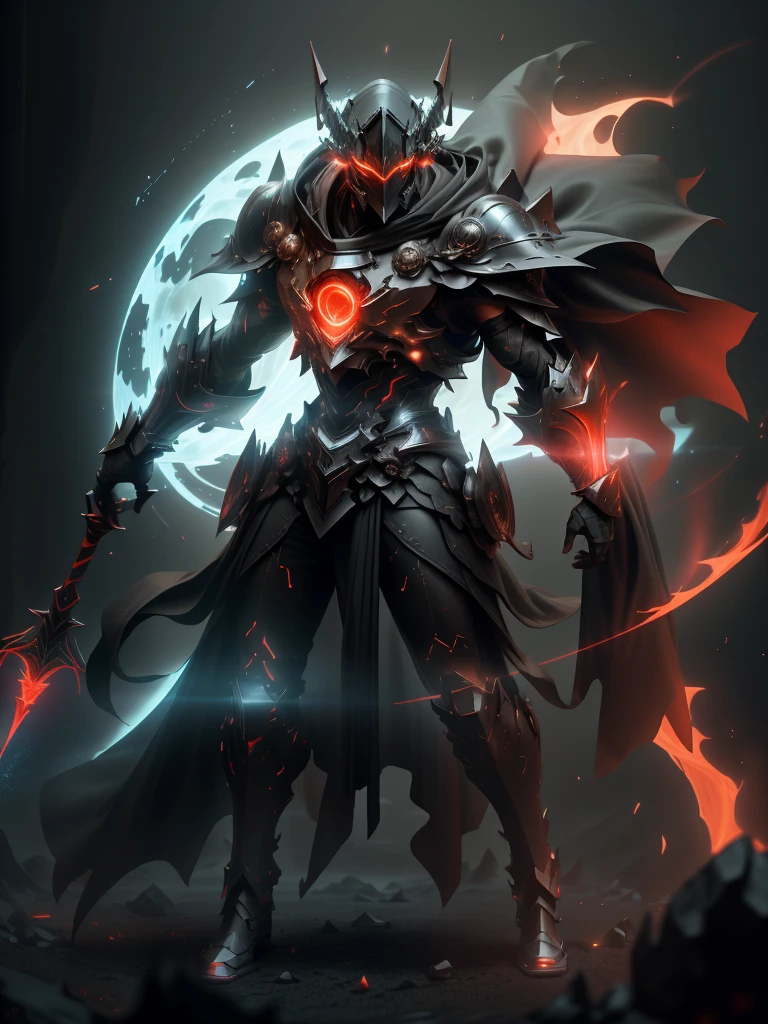 Ghost mage with lava wand, male mage, full body red armor, super cool ghost mage, wearing fiery red cloak, huge staff, glowing lava magic ball, magic pose, very tall, tall, glowing eyes, with mask, tall figure, perfect body proportions, looking up view, IP by pop mart, edge light, avatar, octane rendering, blender, black background of riot battlefield, 3d, c4d, best quality, very detailed, ancient technology, HDR (High Dynamic Range), Ray Tracing, NVIDIA RTX, Super Resolution, Unreal 5, Subsurface Scattering, PBR Texture, Post-processing, Anisotropic Filtering, Depth of Field, Maximum Sharpness and Sharpness, Multi-layer Textures, Albedo and Highlight Maps, Surface Shading, Accurate Simulation of Light-Material Interactions, Perfect Proportions, Octane Rendering, Two-tone Illumination, Low ISO, White Balance, Rule of Thirds, Wide Aperture, 8K RAW, High Efficiency Sub-Pixel, Subpixel Convolution, Luminous Particles, Light Scattering, The Tyndall effect