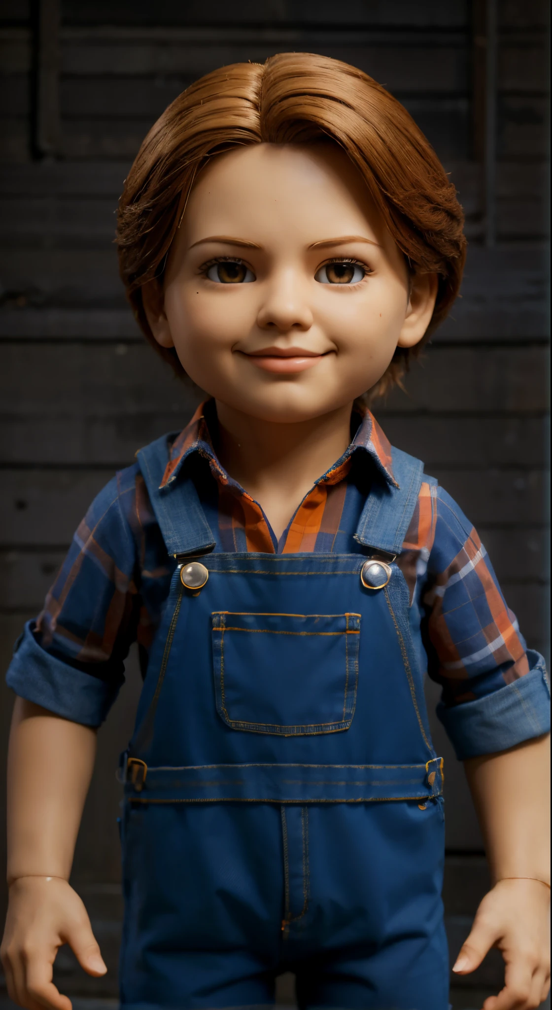 Boneca Goodguys, with medium brown straight hair, the iconic killer doll, com um sorriso sutil no rosto, um fundo claro com uma camisa de manga xadrez laranja, with denim overalls. Com sapatos laranja, criando uma atmosfera de terror, a 3D model with high-resolution textures and realistic lighting, --AR 16:9 --v 5 -