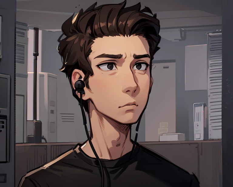 1boy, black shirt, black eyes, brown hair, closed mouth, earbuds, earphones, male focus, meme, shirt, short hair, solo, upper body,poker face,gloomy face