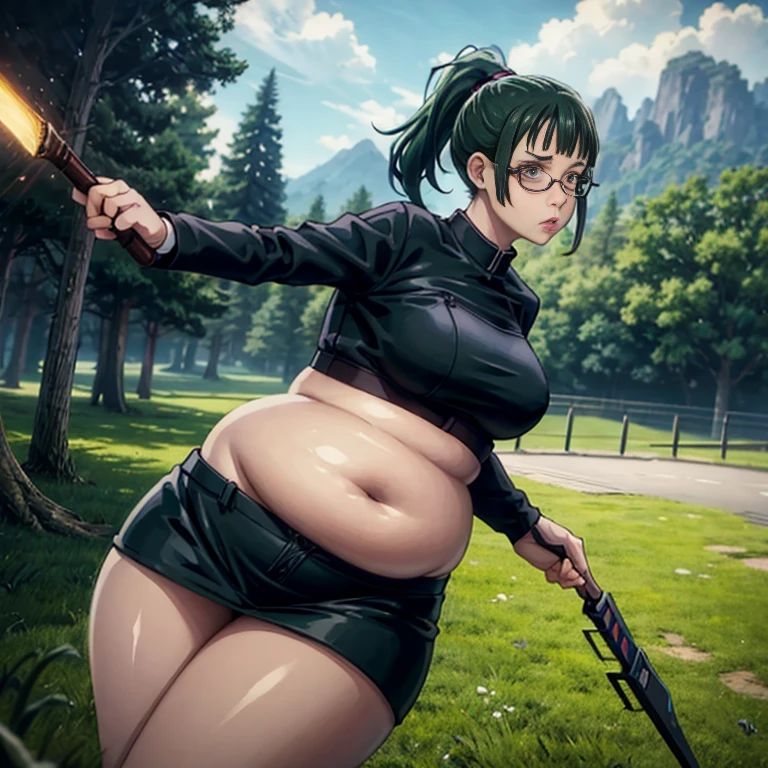 art by kipteitei, 1girl, dark green hair , hair in pony tail, maki zenin from the anime jujutsu kaisen, big plump belly, huge belly, pretty face, nose, lips, beautiful eyes, circle glasses, (best quality, masterpiece, 4k, sharp focus), professional photograph, sharp focus, dramatic, award winning, cinematic lighting, octane render, unreal engine, volumetrics dtx,