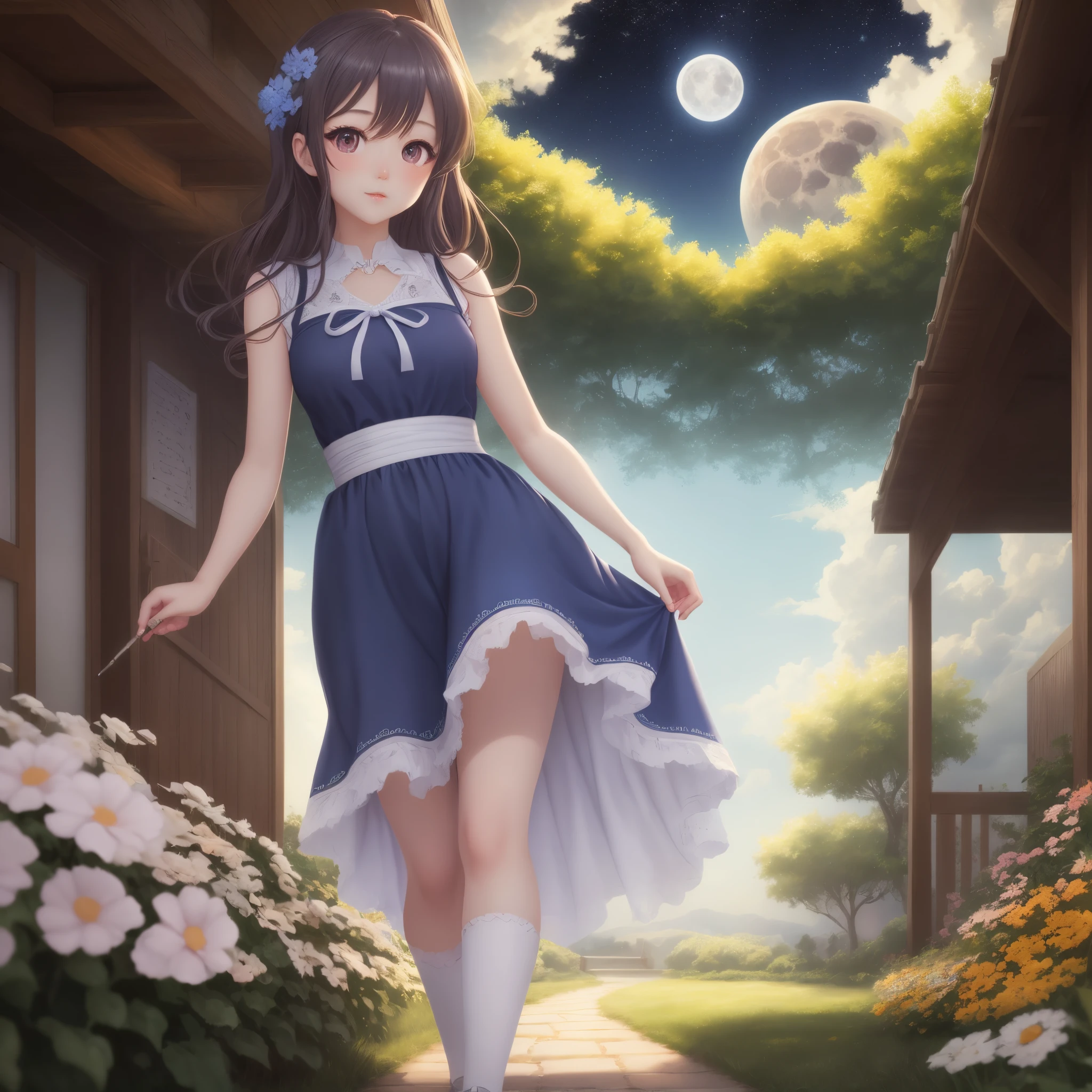 (Painting style close-up,8k ultra high definition,Masterpiece vista CG wallpaper)magnificent sky,Cute girl,perfect slim figure,colorful sleeveless dress,Pure eyes,Smooth skin,Stroll through the colorful gardens,background moon,Milky Way,Dreamy sky
