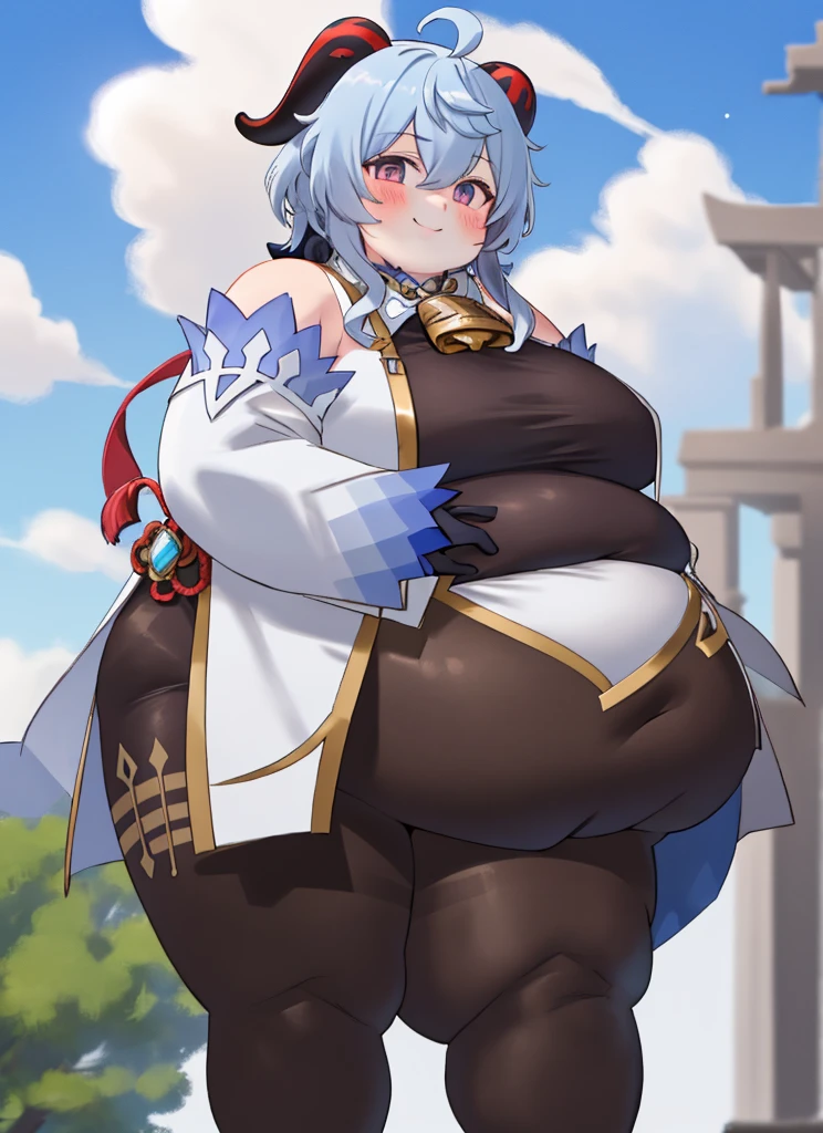 obese ganyudef, upper body, fat belly, fat arms, fat , extra thicc, thick thighs, smile, blush, outdoors, day, simple background, blue sky, short hair, sky, temple, looking at viewer, stairs, mountain, moody lighting,