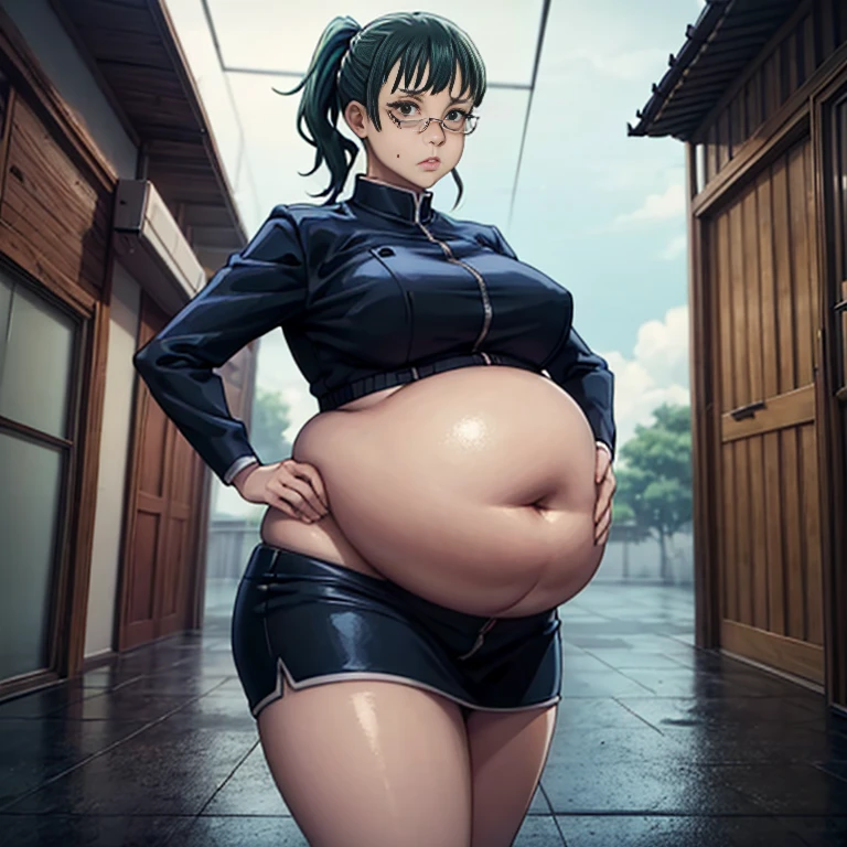 art by kipteitei, 1girl, dark green hair , hair in pony tail, maki zenin from the anime jujutsu kaisen, big plump belly, huge belly, pretty face, nose, lips, beautiful eyes, circle glasses, (best quality, masterpiece, 4k, sharp focus), professional photograph, sharp focus, dramatic, award winning, cinematic lighting, octane render, unreal engine, volumetrics dtx,