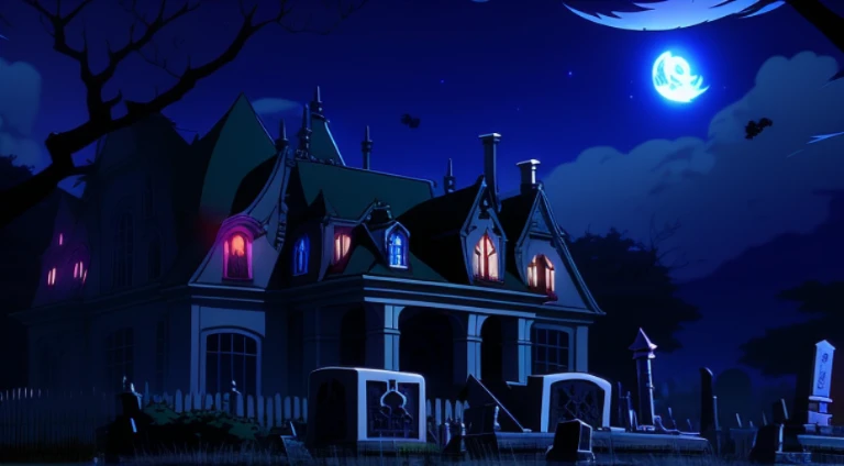 Night scene of a creepy mansion with graveyard and gravestones, Madhouse Studio anime style, Today’s recommended anime is still, style of madhouse anime, anime scene, anime backgrounds, Anime background art, random background scene, Screenshots from the 2012 animation, Ghost Mansion, anime still images, anime movie screenshot