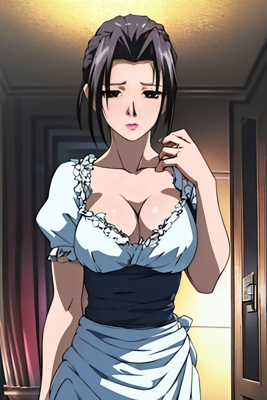 masterpiece, high definition, high quality, detailed face,detailed body rendering, 1girl, fit girl, solo, Misako,upper body,breasts,lipstick,ribbon,collarbone,yellow dress,short sleeves,makeup,black eyes,puffy sleeves,full-face blush,colorful,vibrant,highly detailed, standing, bedroom,