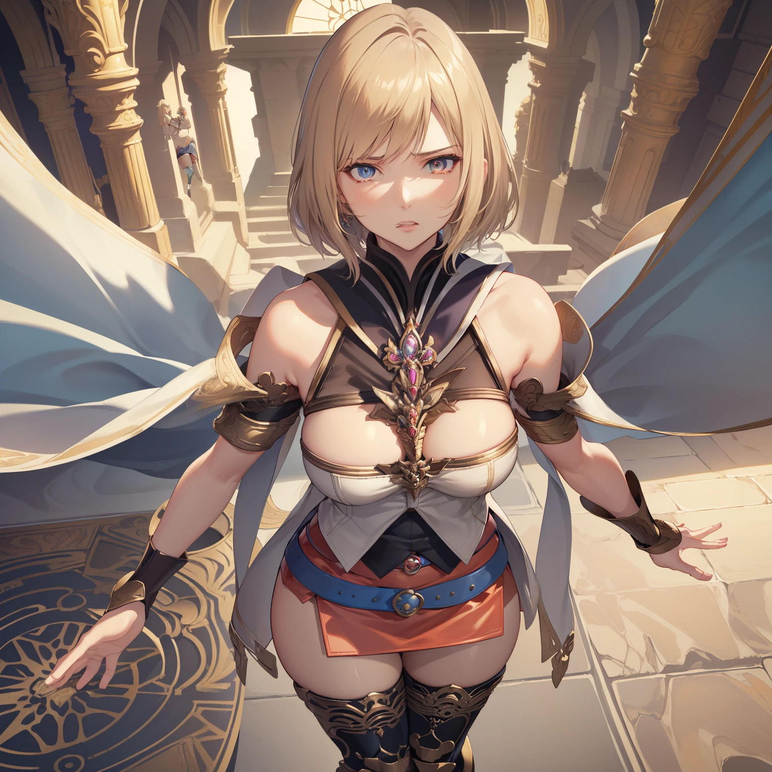 Leaning forward,(the golden ratio,masutepiece, of the highest quality, Best Quality, Beautiful and aesthetic:1.2), ighly detailed, Colorful,highest details, (Adults,19,1girl in, Solo, Final Fantasy 12,Ashelia, shorth hair, short-hair,Ashelia Costume, Colossal tits, a miniskirt,thigh high boots, thighs thighs thighs thighs, jewely,Contemptuous look,Eyes like looking at garbage