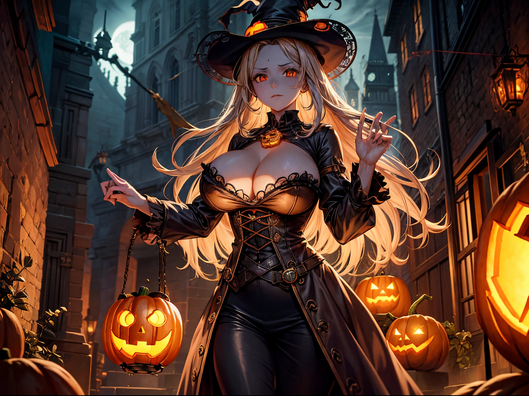 Conjure an eerie Halloween night in a steampunk world haunted by the ghostly apparition of Leonardo AI, where jack-o’-lanterns are powered by flickering steam bulbs and brass spiders with glowing eyes skitter across cobblestone streets. enormous breast
