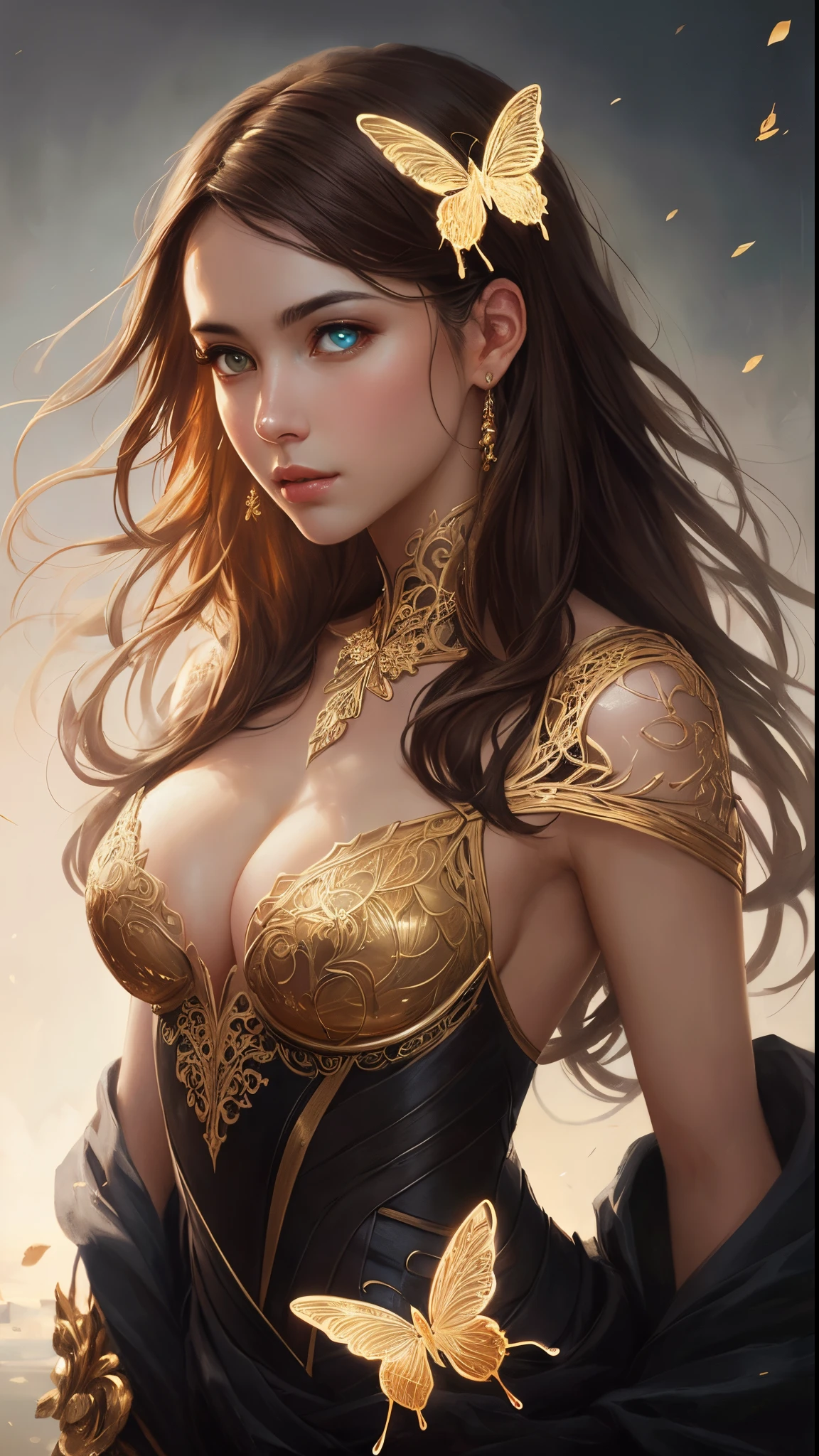 8k portrait of a beautiful cyborg with brown hair, intricate, elegant, highly detailed, majestic, digital photography, art by artgerm and ruan jia and greg rutkowski surreal painting of filigree golden butterfly, broken glass (masterpiece, side lighting, beautiful eyes finely detailed: 1.2 ), hdr,