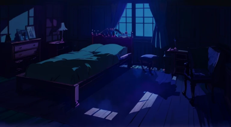 A bed in a dark room with windows, Studio Ghibli's bedroom, Madhouse Studio anime style, dimly lit bedroom, anime scene, RPG style bedroom, someone sits in bed, I slept in sections last night, during night!!, Anime background art, Today’s recommended anime is still, Beds, The bed is not made, random background scene
