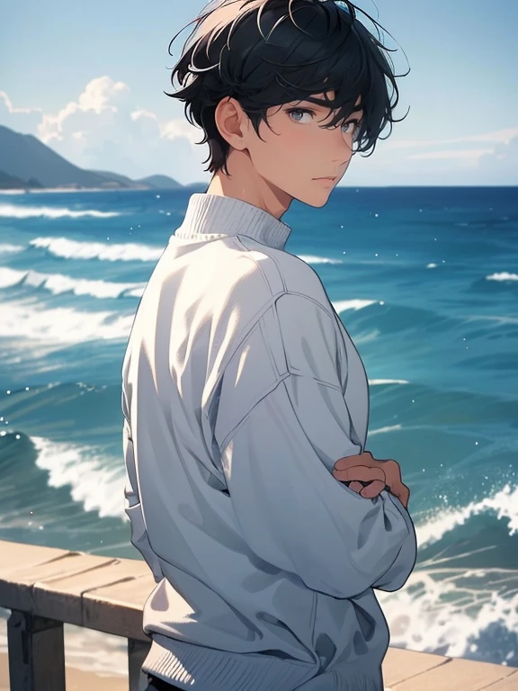 masterpiece, top quality, 1 man, mature, tall man, beautiful scenery, blue ocean, blue sea, young man, short hair, black hair with grey highlights, short hair blowing in the wind, brown eyes, soft expression, beautiful young man, white knit sweater, staring at the sky, breathtaking, cinematic lights, gms, (upper body)