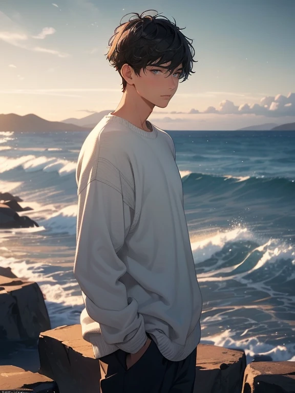 masterpiece, top quality, 1 man, mature, tall man, beautiful scenery, blue ocean, blue sea, young man, short hair, black hair with grey highlights, short hair blowing in the wind, brown eyes, soft expression, beautiful young man, white knit sweater, staring at the sky, breathtaking, cinematic lights, gms, (upper body)