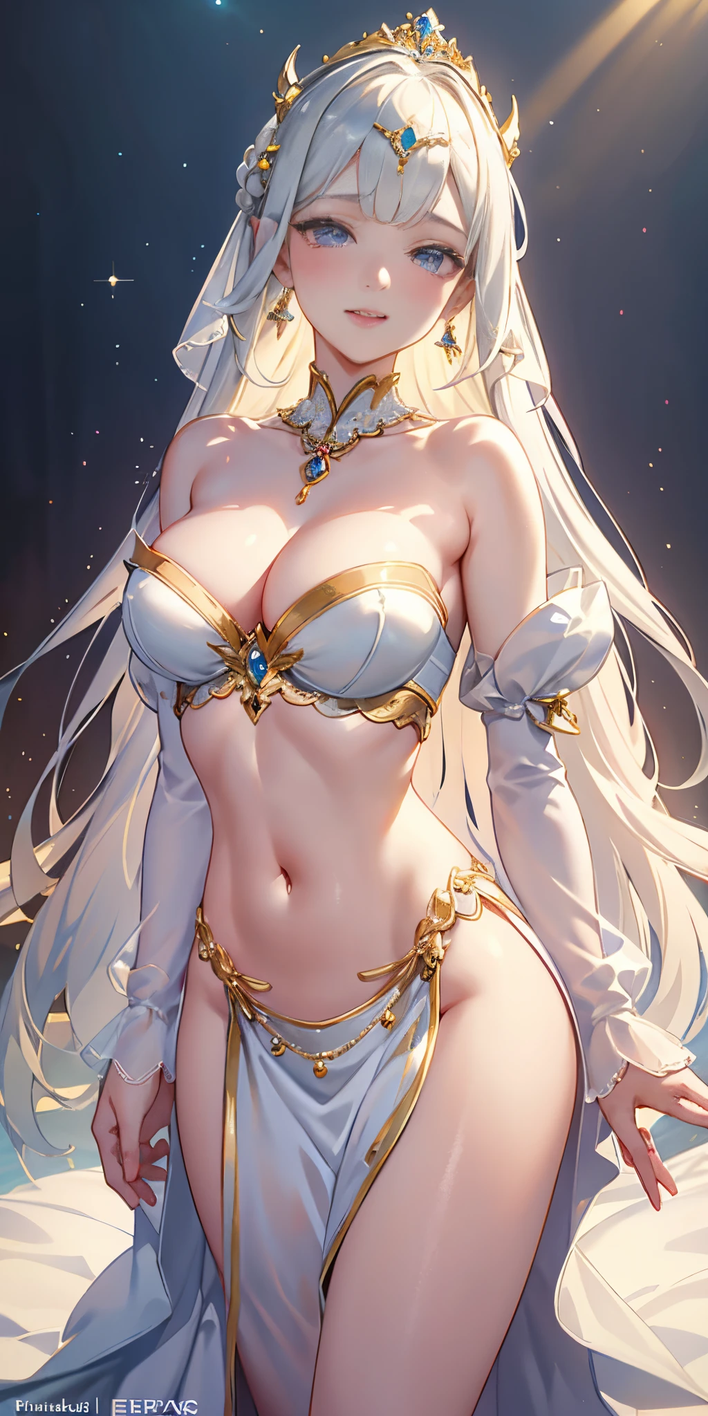 vanilla color, (one princess wearing sexy princess dress with transparent lace sleeves), (photorealistic:1.4), (masterpiece, sidelighting, finely detailed beautiful eyes: 1.2), Dynamic pose, masterpiece*portrait, realistic, 3d face, glowing eyes, shiny hair, lustrous skin, solo, (midriff), extreme long hair, smile, from blow, (masterpiece), best quality, embarrassed, necklace, earrings,